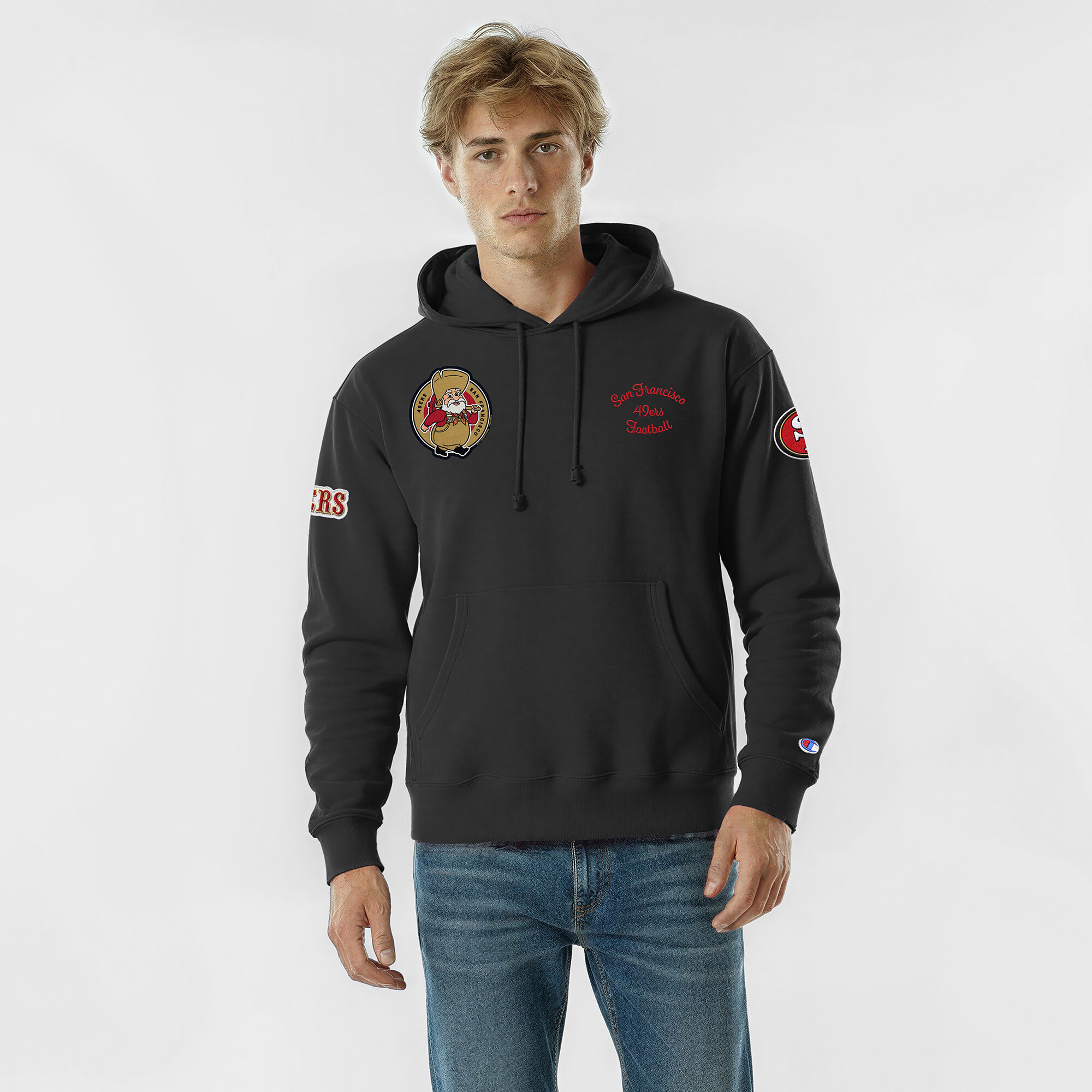 Men's Disney x Champion Black San Francisco 49ers Stinky Pete Reverse Weave Hoodie