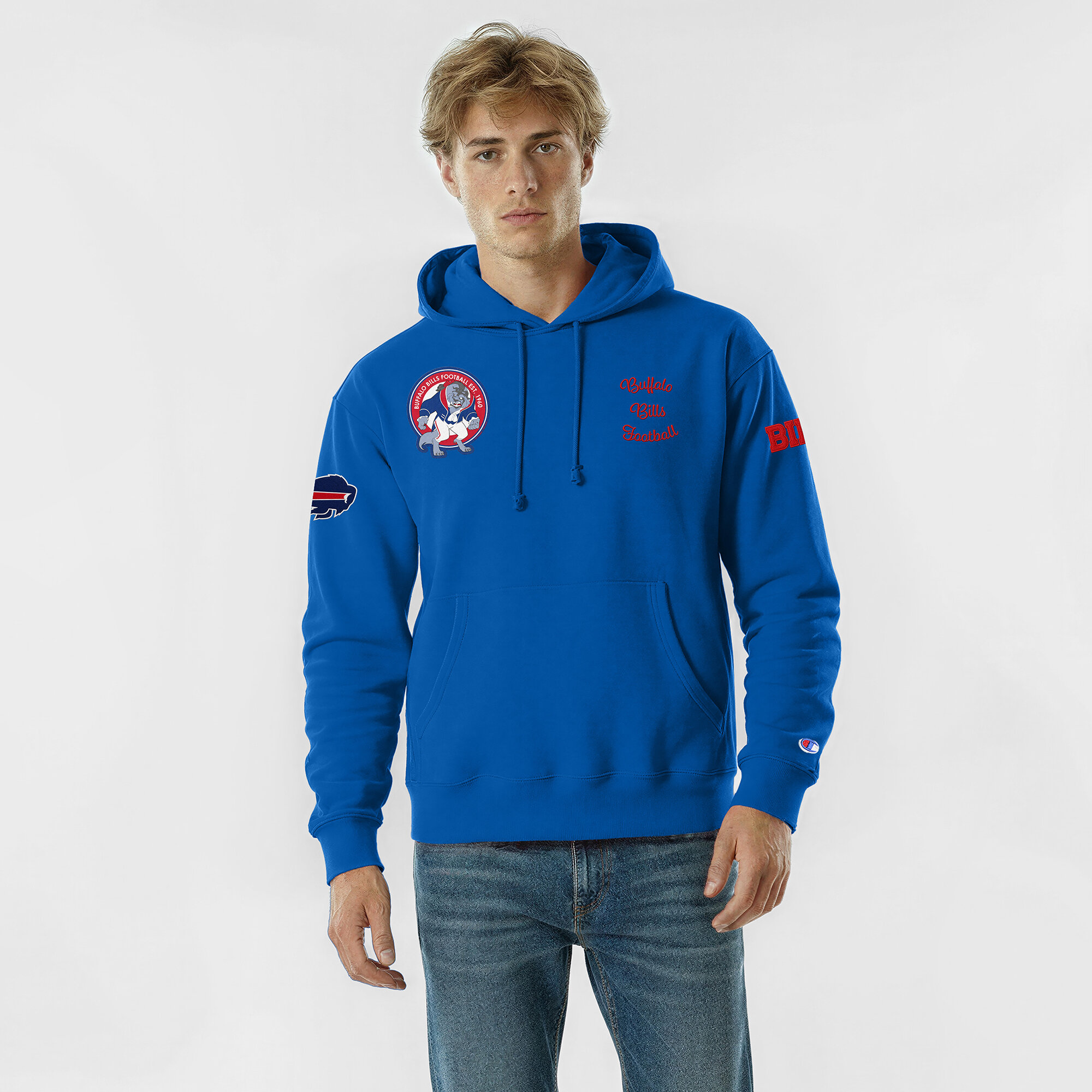 Men's Disney x Champion Royal Buffalo Bills Beast Reverse Weave Hoodie