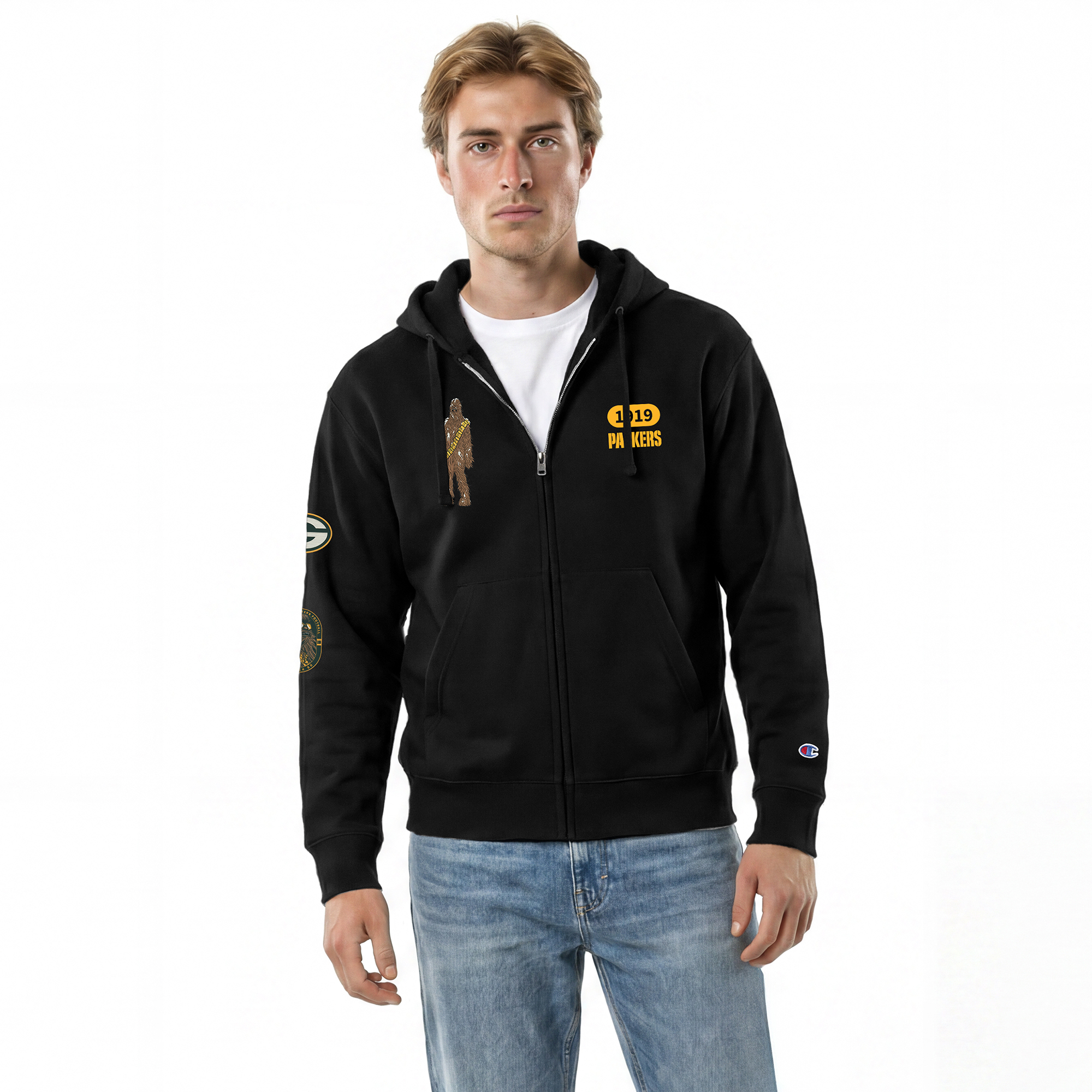 Men's Disney x Champion Black Green Bay Packers Chewbacca All-Star Full-Zip Hoodie