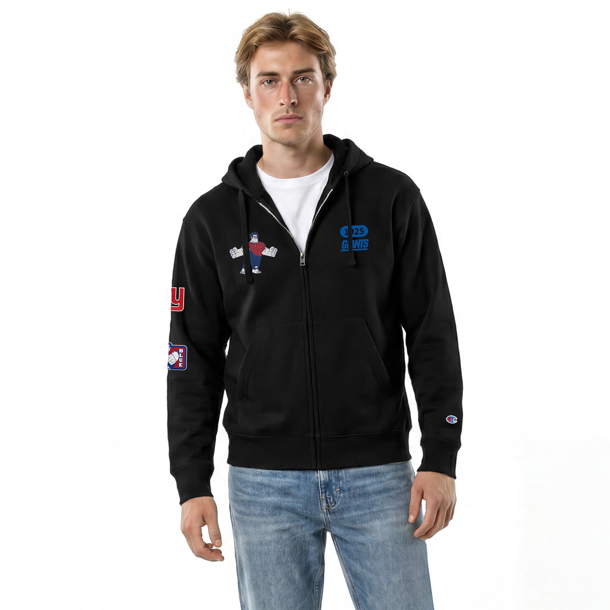 Men's Disney x Champion Black New York Giants Wreck-It Ralph All-Star Full-Zip Hoodie
