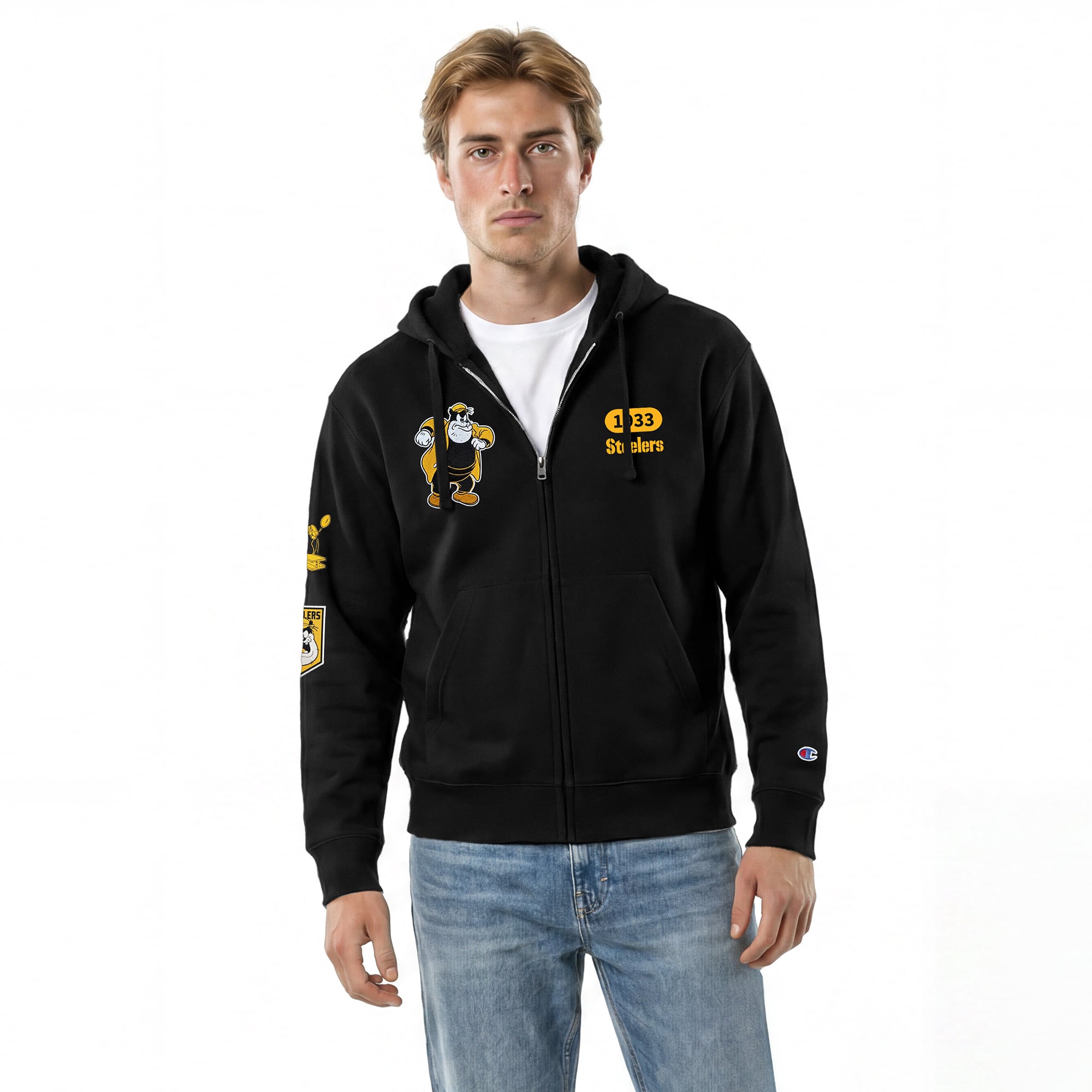 Men's Disney x Champion Black Pittsburgh Steelers Pete All-Star Full-Zip Hoodie