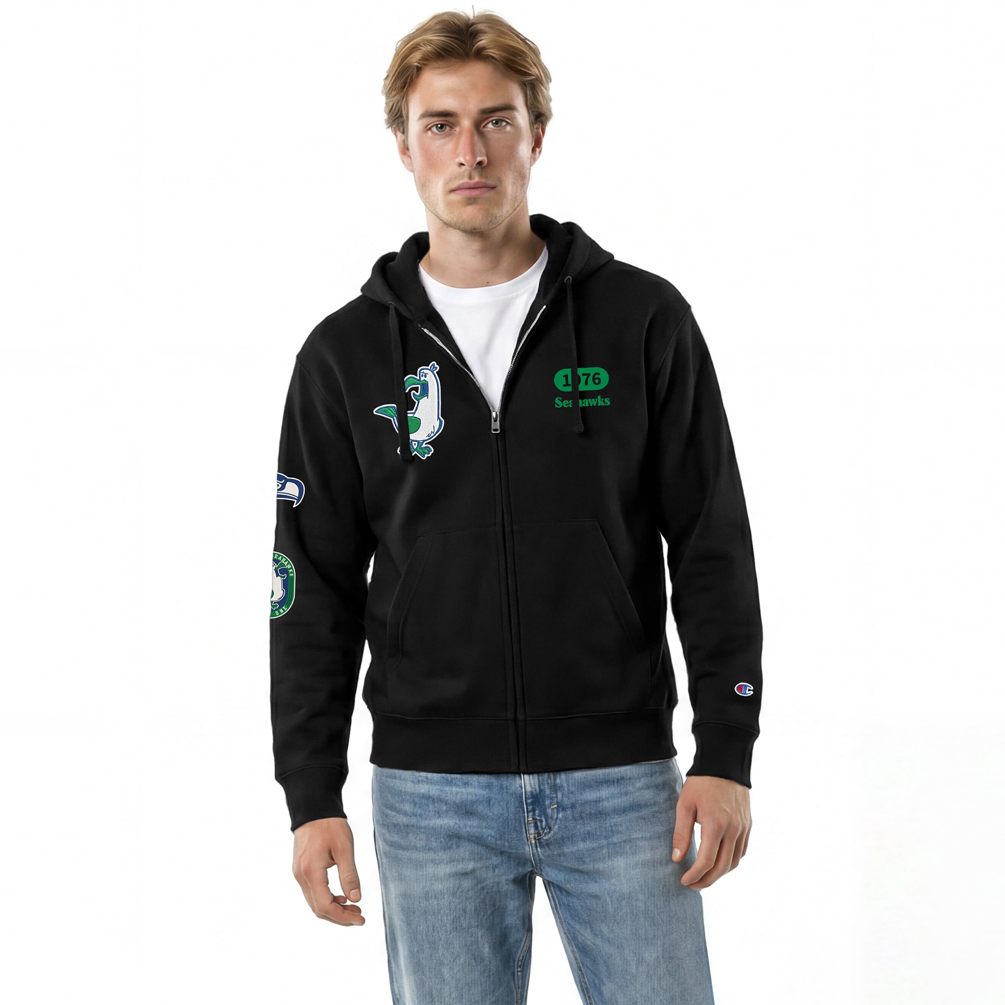 Men's Disney x Champion Black Seattle Seahawks Seagulls All-Star Full-Zip Hoodie