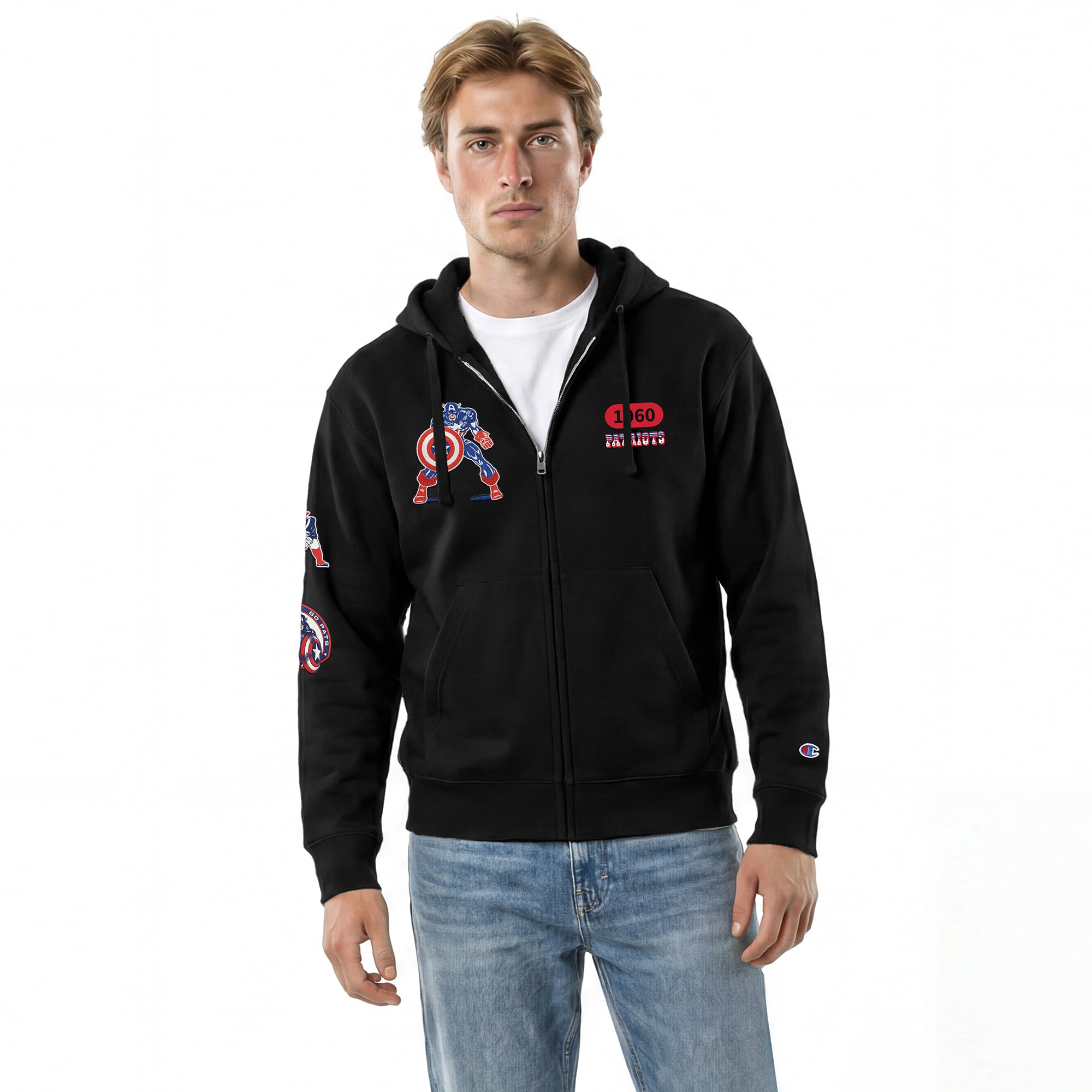 Men's Disney x Champion Black New England Patriots Captain America All-Star Full-Zip Hoodie