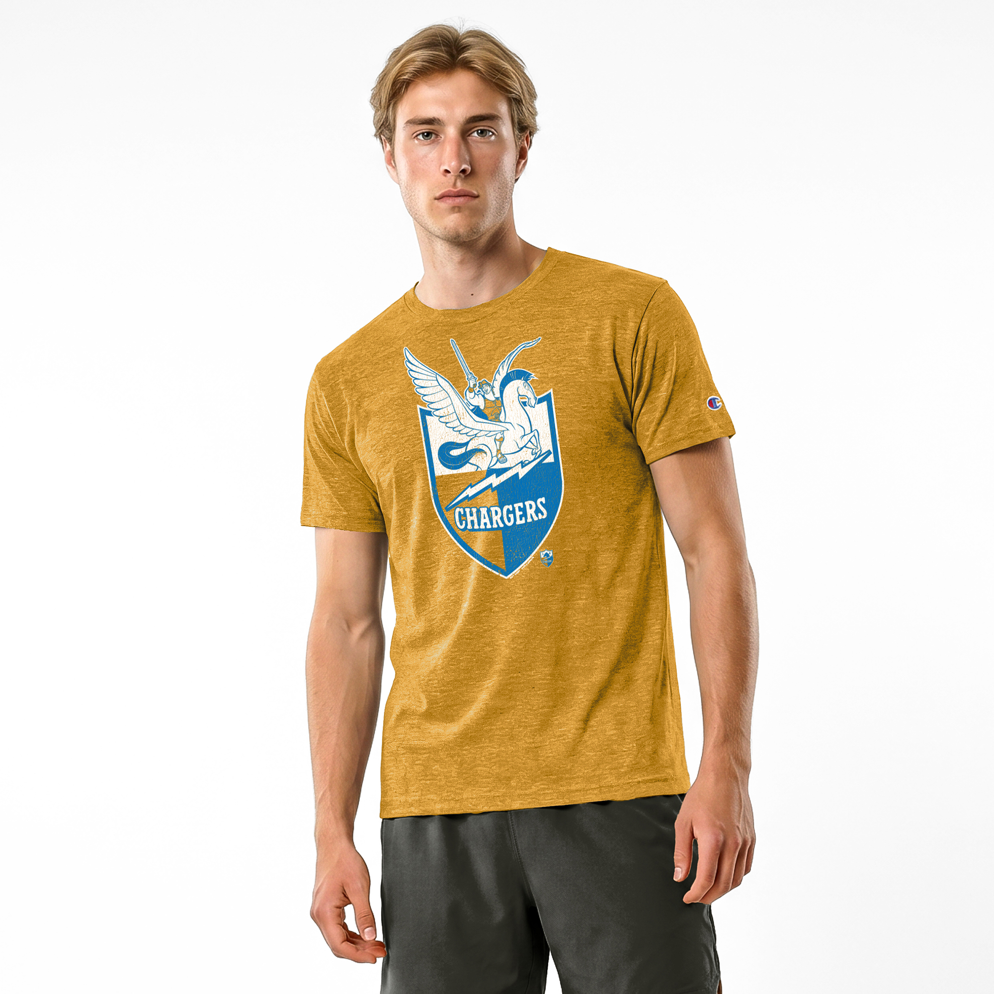 Men's Disney x Champion Gold Los Angeles Chargers Hercules & Pegasus Tri-Blend T-Shirt