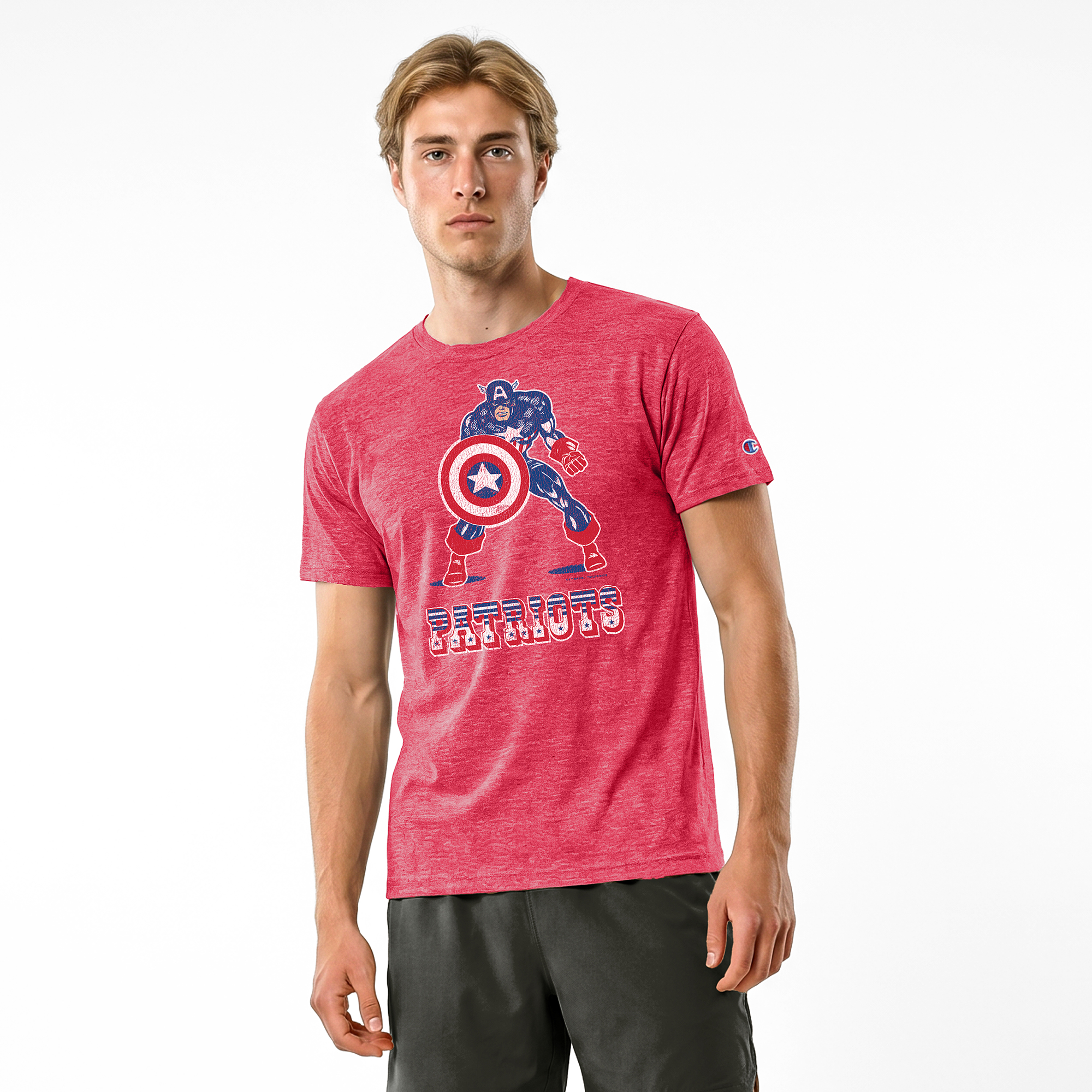Men's Disney x Champion Red New England Patriots Captain America Tri-Blend T-Shirt