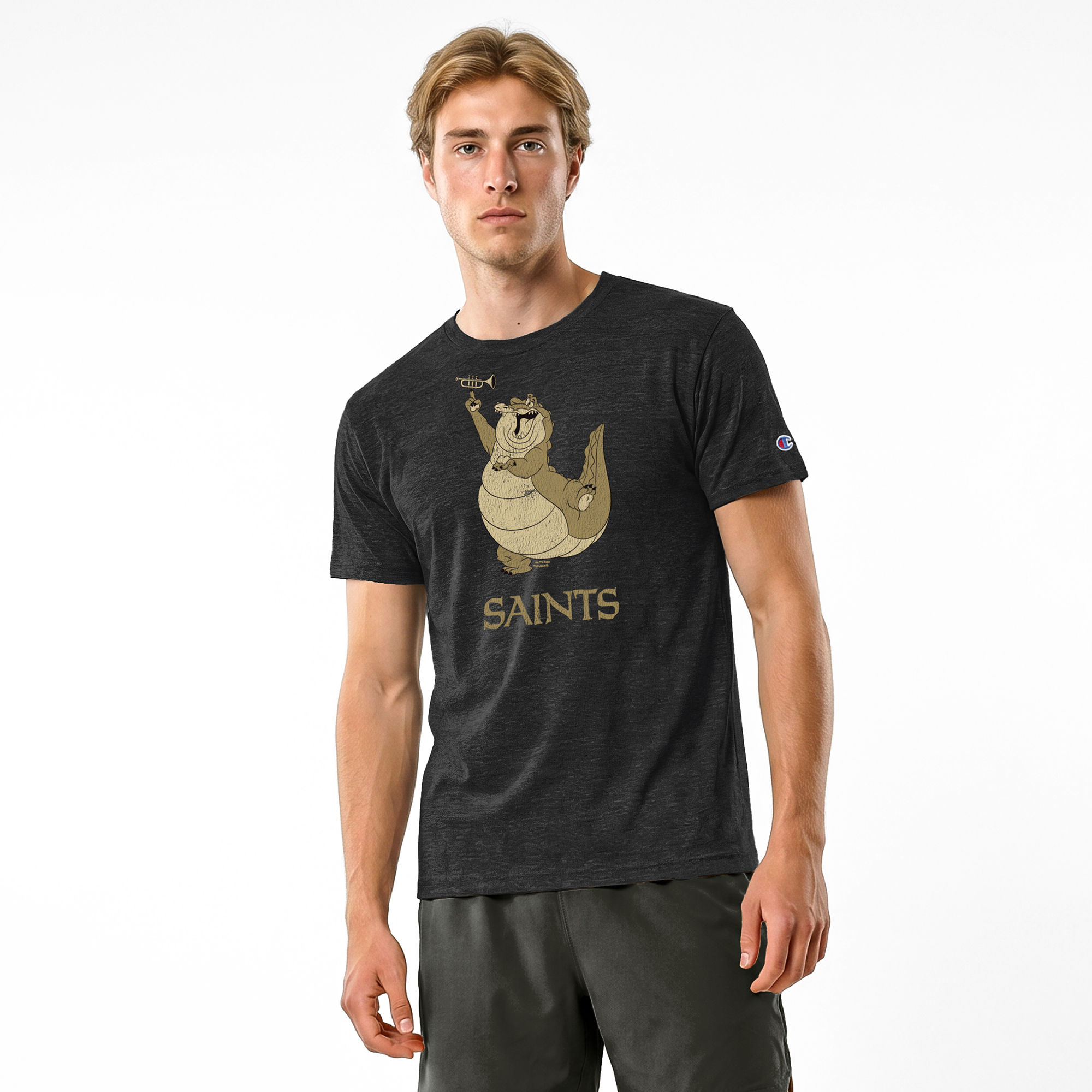 Men's Disney x Champion Black New Orleans Saints Louis Tri-Blend T-Shirt