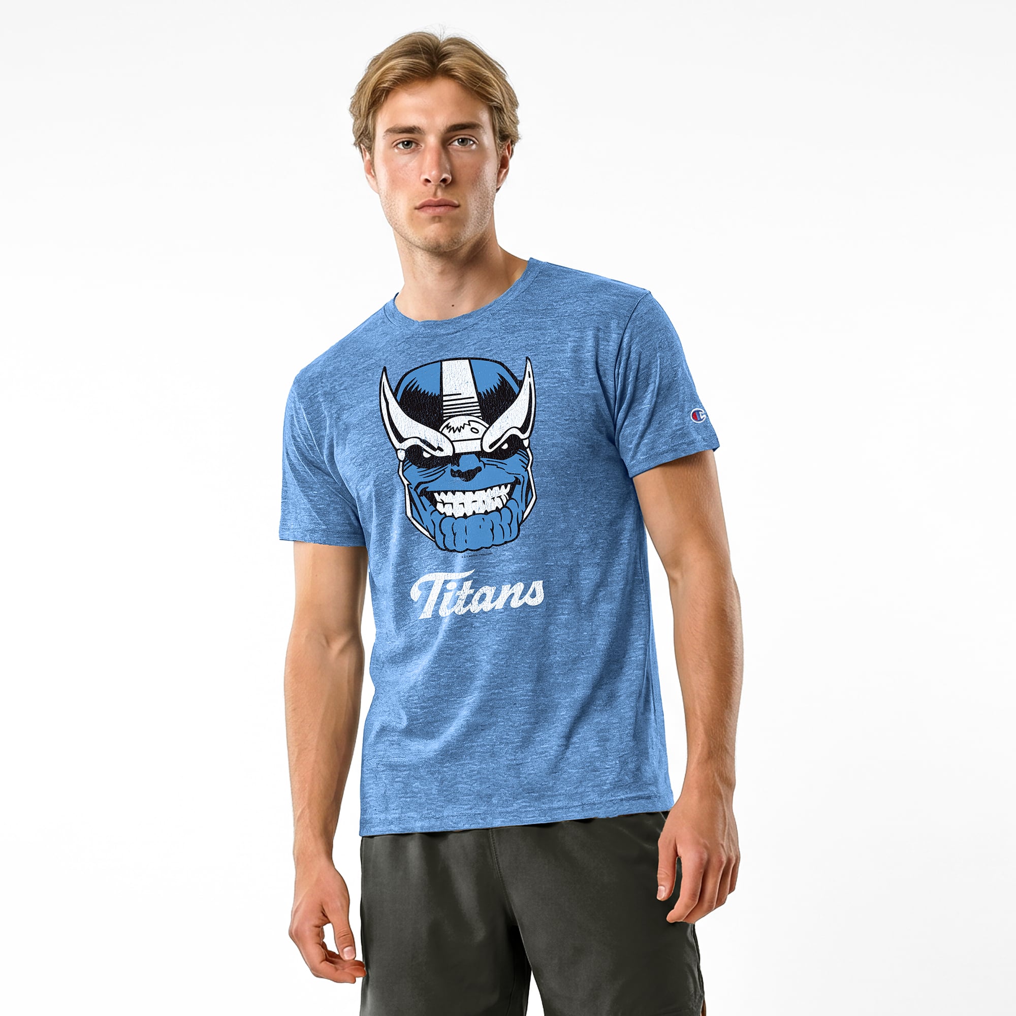 Men's Disney x Champion Light Blue Tennessee Titans Thanos Tri-Blend T-Shirt