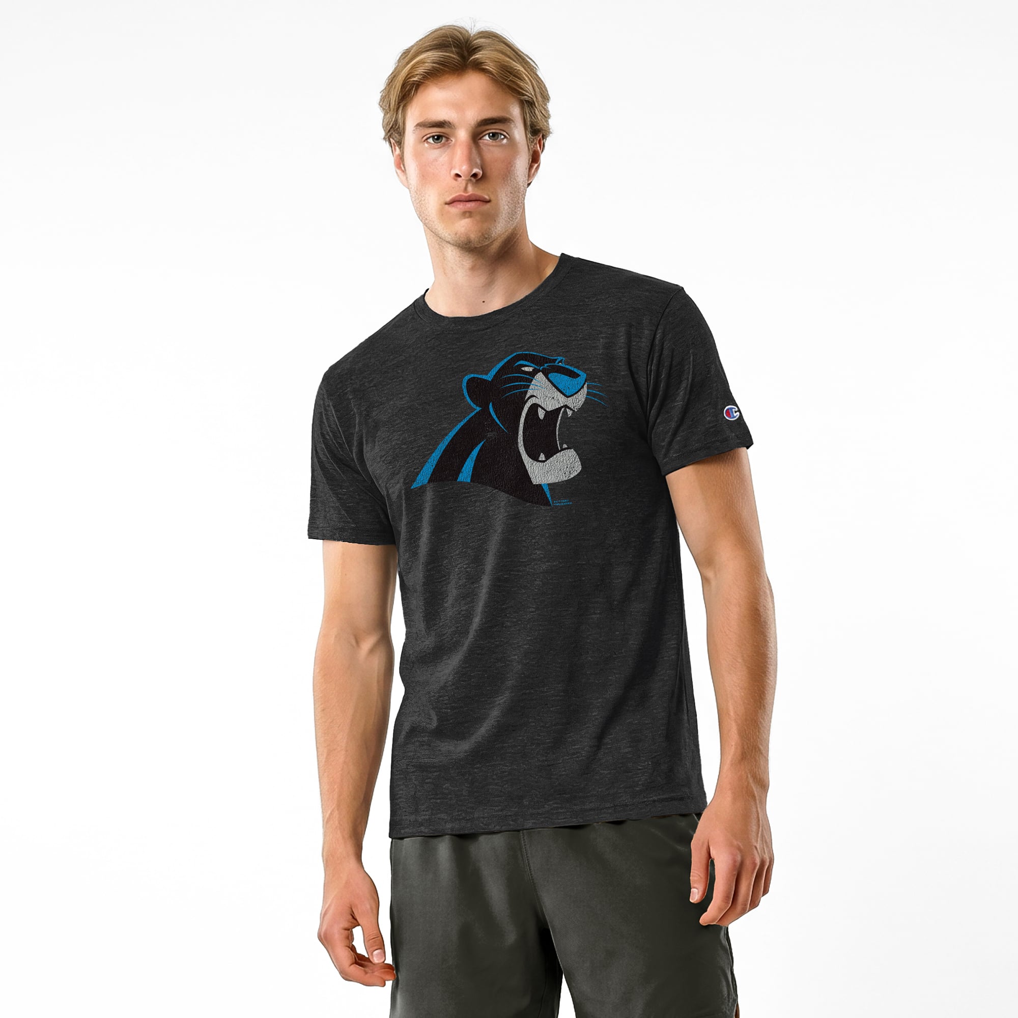 Men's Disney x Champion Black Carolina Panthers Bagheera Tri-Blend T-Shirt