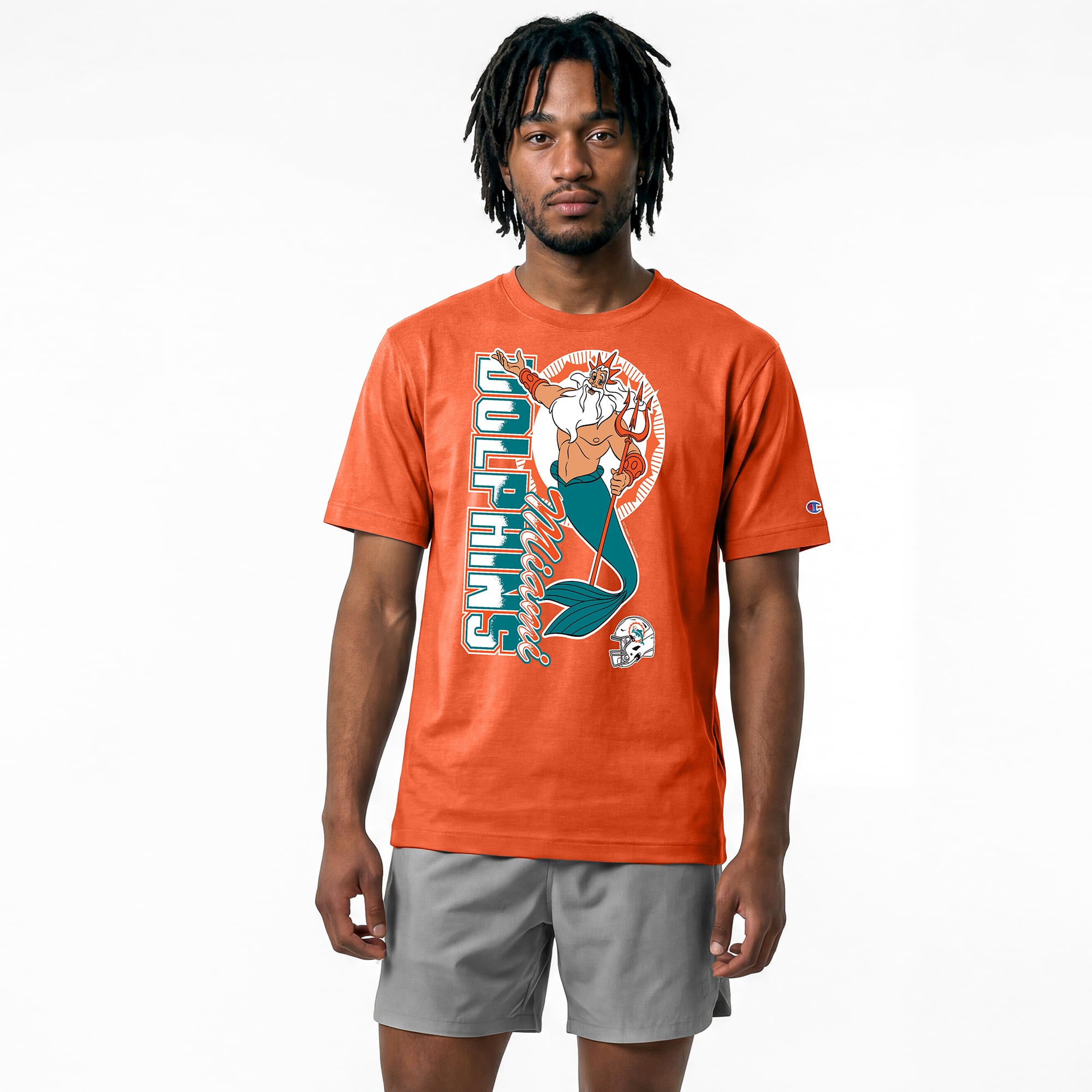 Men's Disney x Champion Orange Miami Dolphins King Triton All-Star T-Shirt