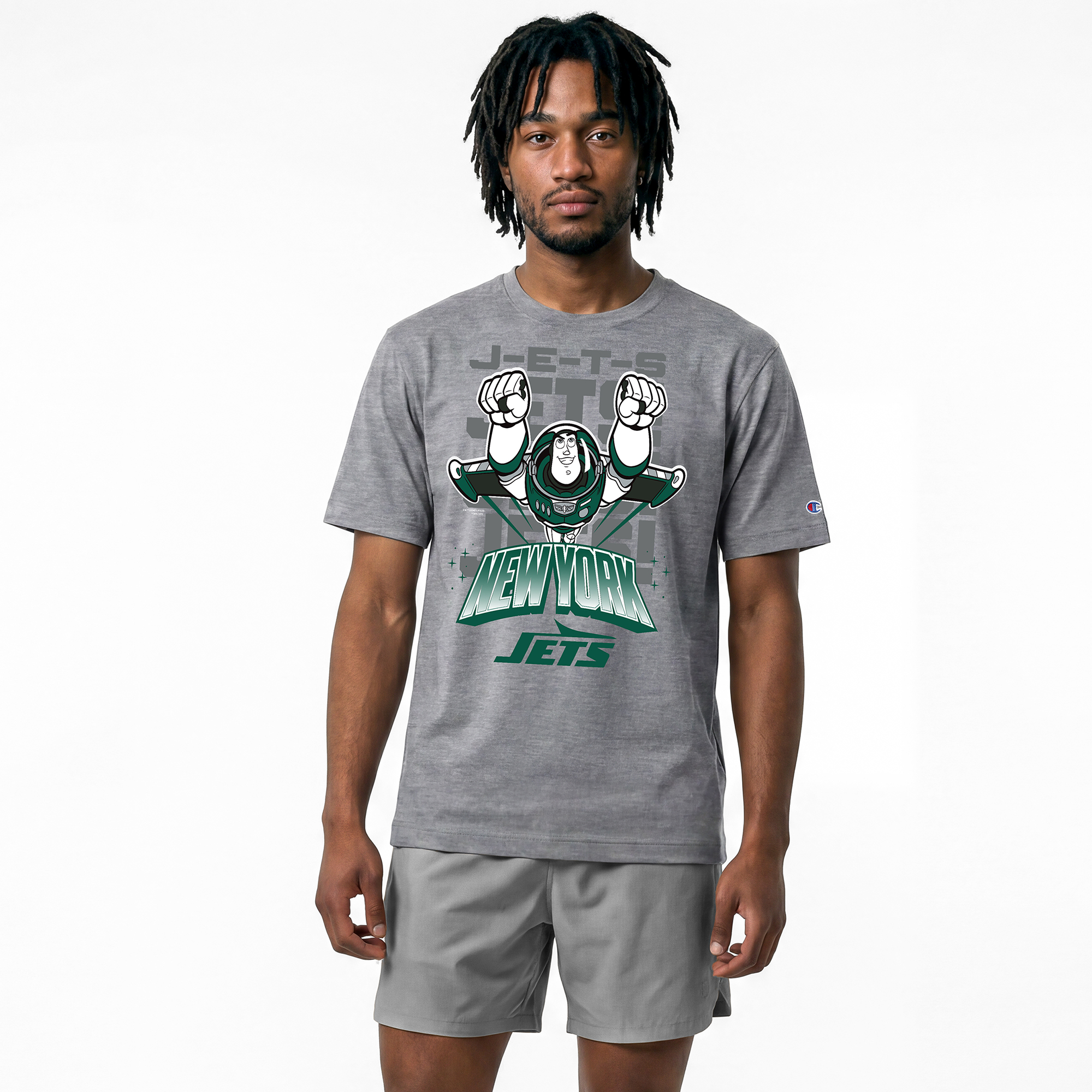 Men's Disney x Champion Gray New York Jets Buzz Lightyear All-Star T-Shirt