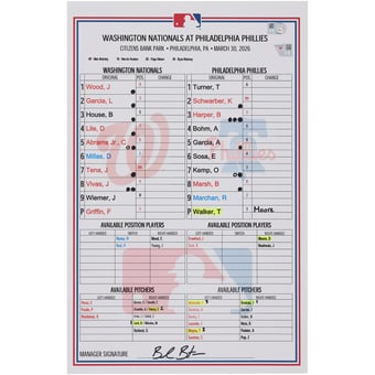 Washington Nationals Game-Used Lineup Card vs. Philadelphia Phillies on March 30, 2026