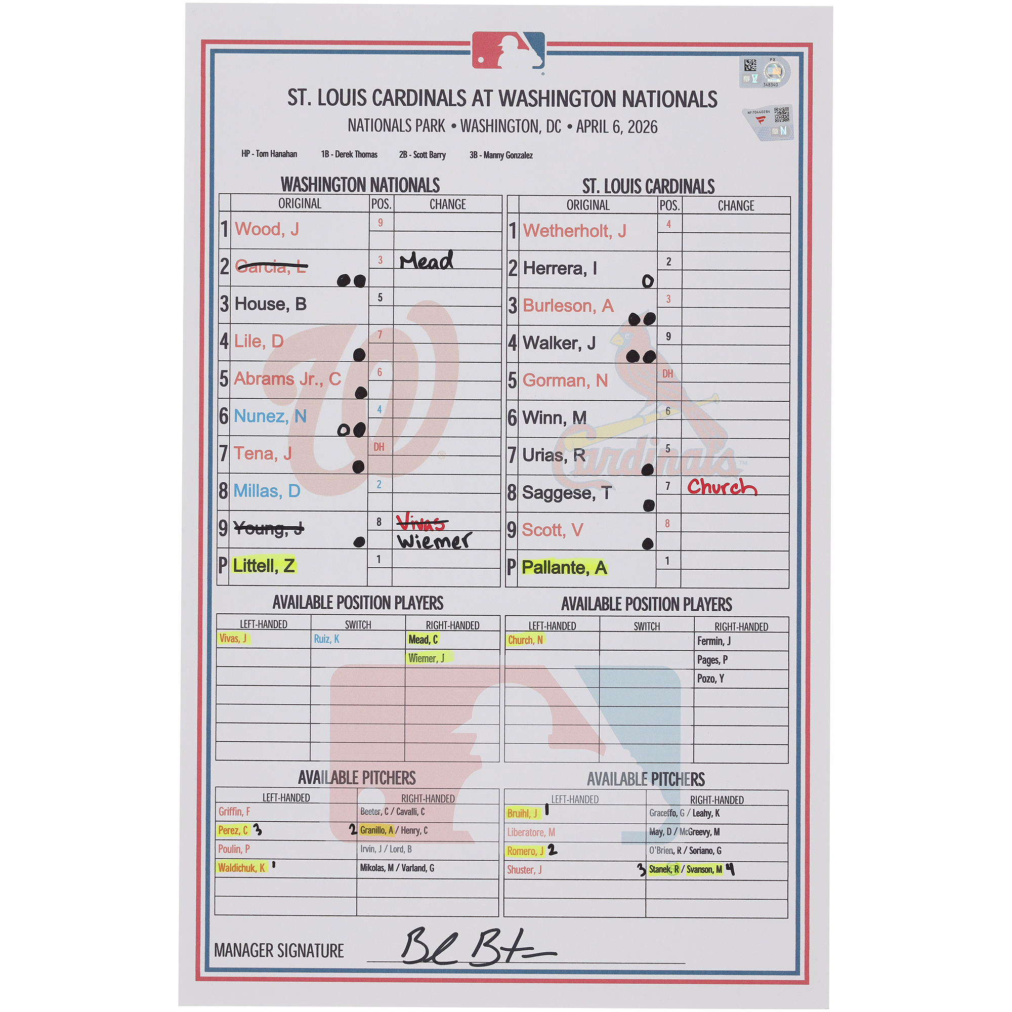 Washington Nationals Game-Used Lineup Card vs. St. Louis Cardinals on April 6, 2026