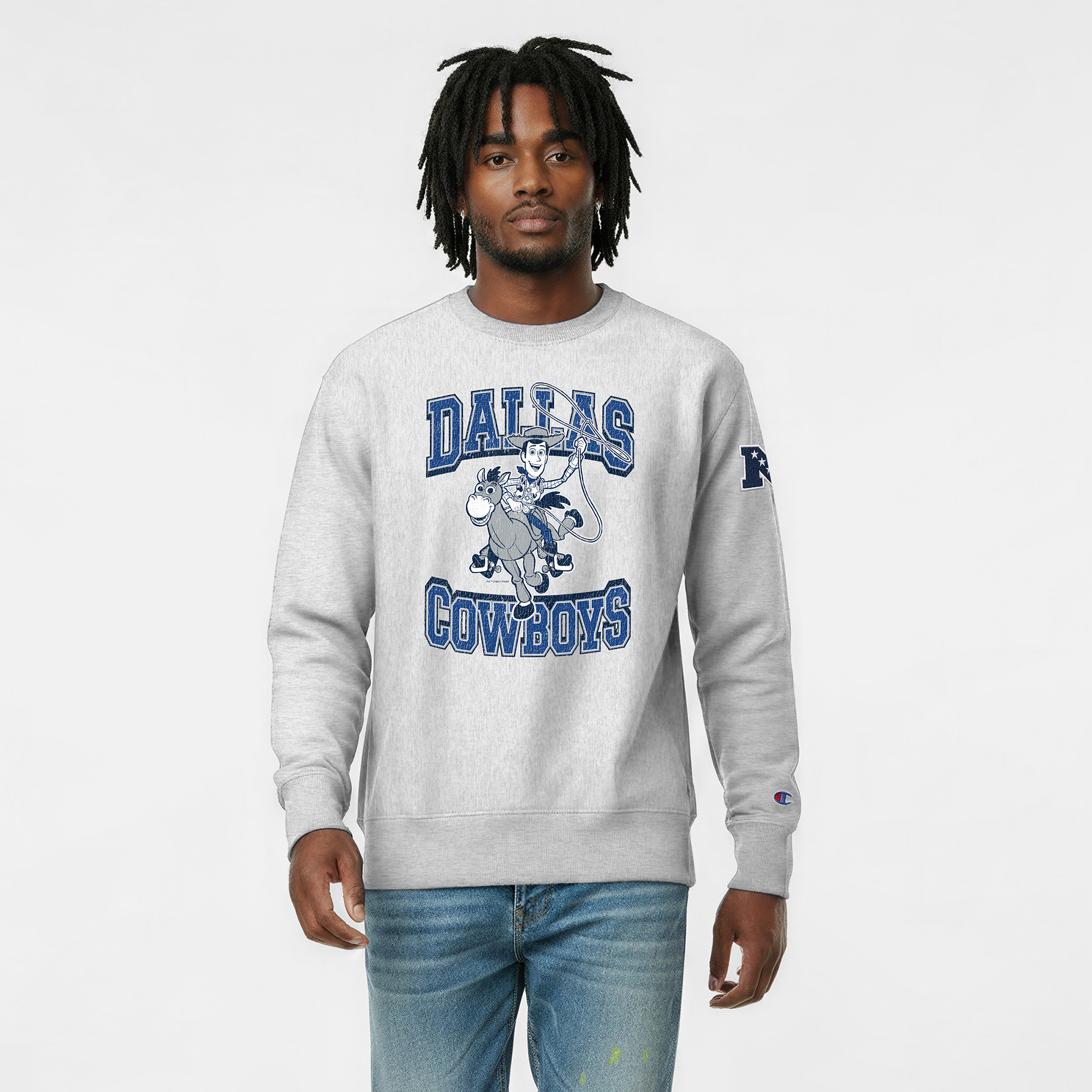 Men's Disney x Champion Heather Gray Dallas Cowboys Woody Reverse Weave Sweatshirt