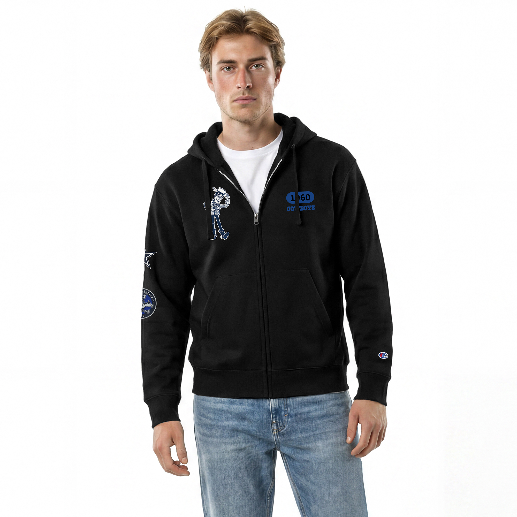 Men's Disney x Champion Black Dallas Cowboys Woody All-Star Full-Zip Hoodie