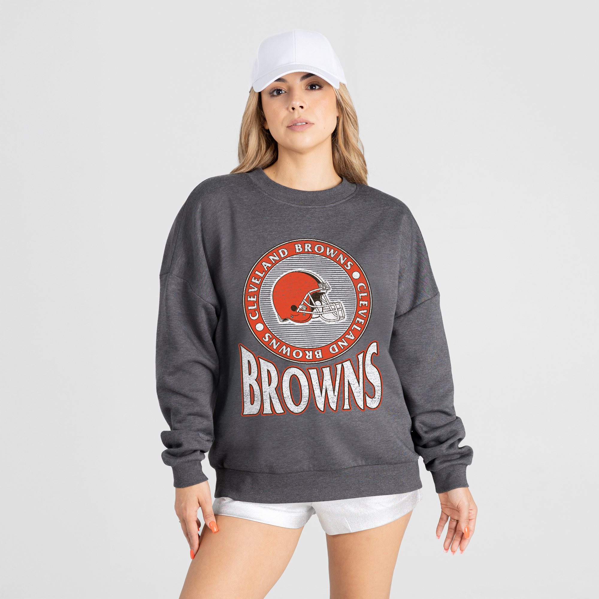 Women's Gameday Couture Charcoal Cleveland Browns Saturday Seal Oversized Premium Drop Shoulder Sweatshirt