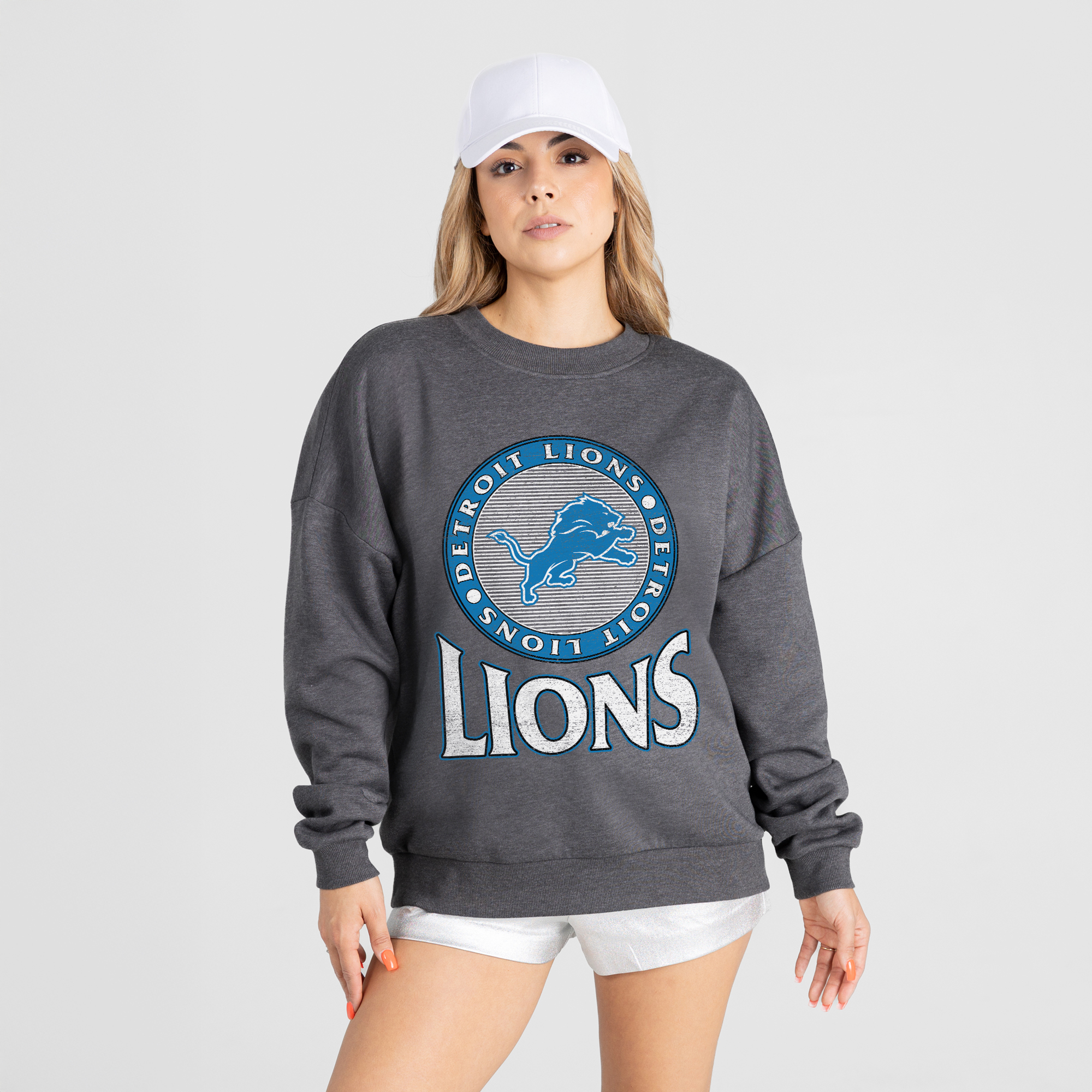 Women's Gameday Couture Charcoal Detroit Lions Saturday Seal Oversized Premium Drop Shoulder Sweatshirt