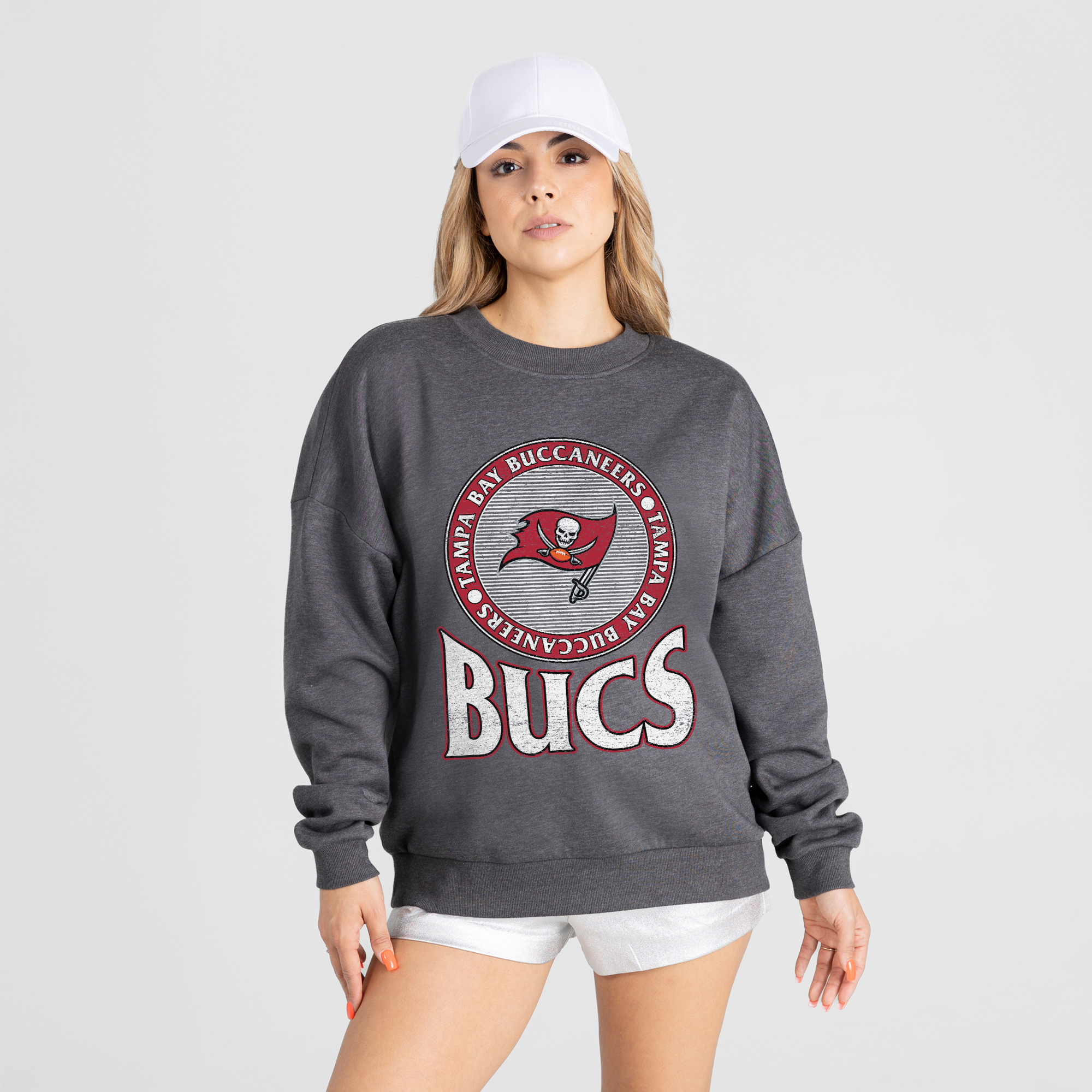 Women's Gameday Couture Charcoal Tampa Bay Buccaneers Saturday Seal Oversized Premium Drop Shoulder Sweatshirt