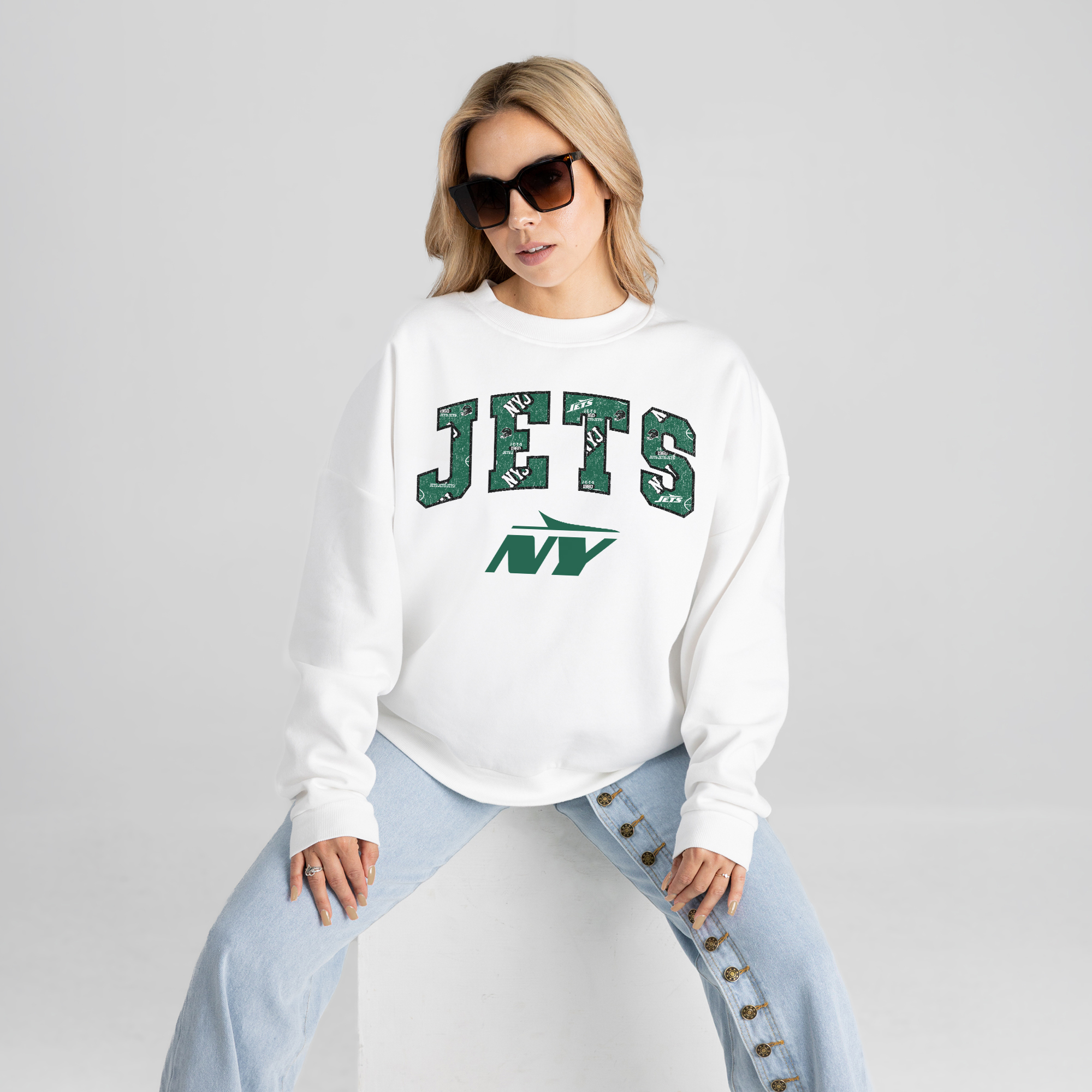Women's Gameday Couture White New York Jets Sweet Play Oversized Premium Drop Shoulder Sweatshirt