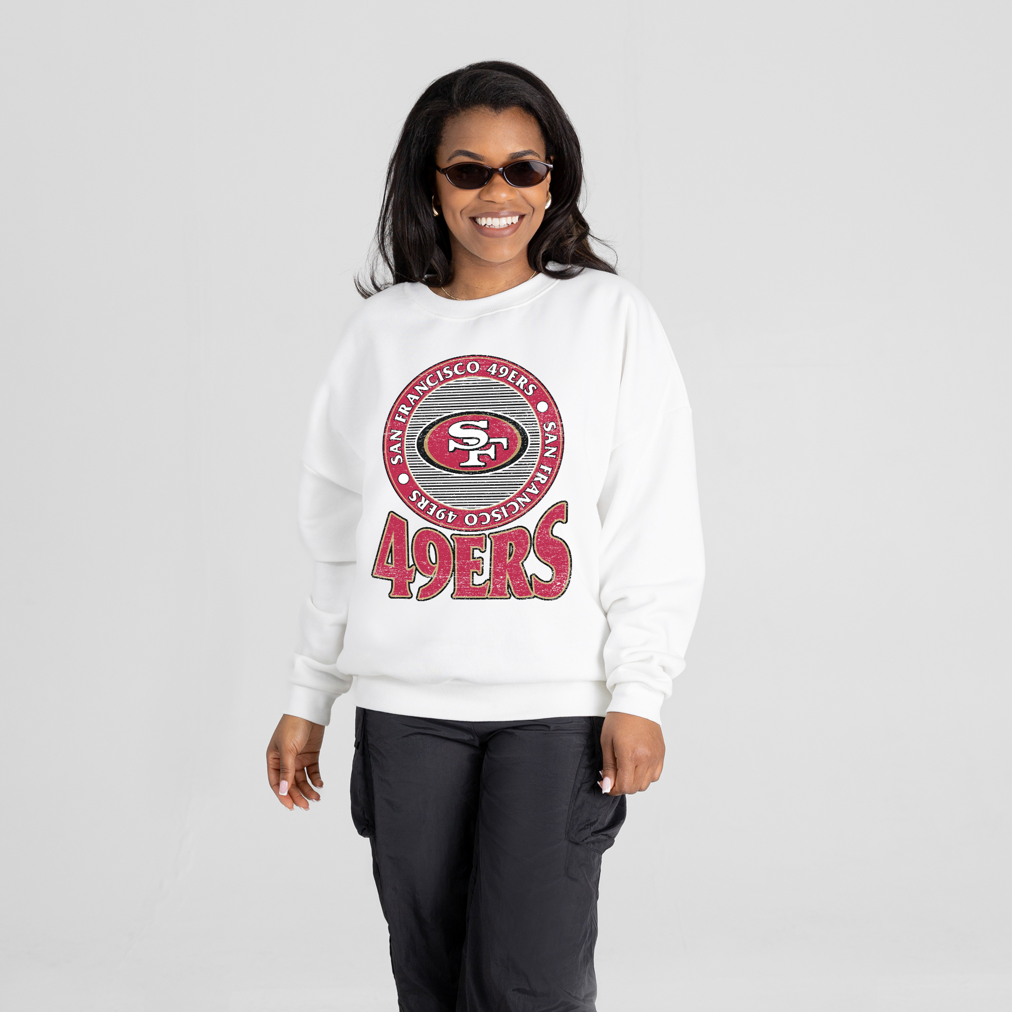 Women's Gameday Couture White San Francisco 49ers Endzone Oversized Premium Drop Shoulder Sweatshirt
