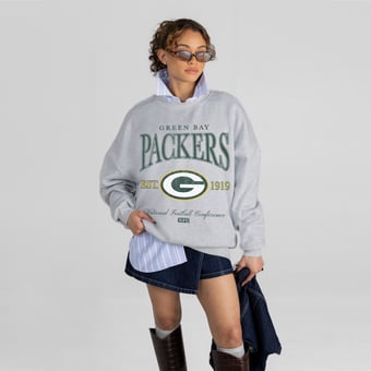 Women's Gameday Couture Ash Green Bay Packers Instant Classic Oversized Premium Drop Shoulder Sweatshirt