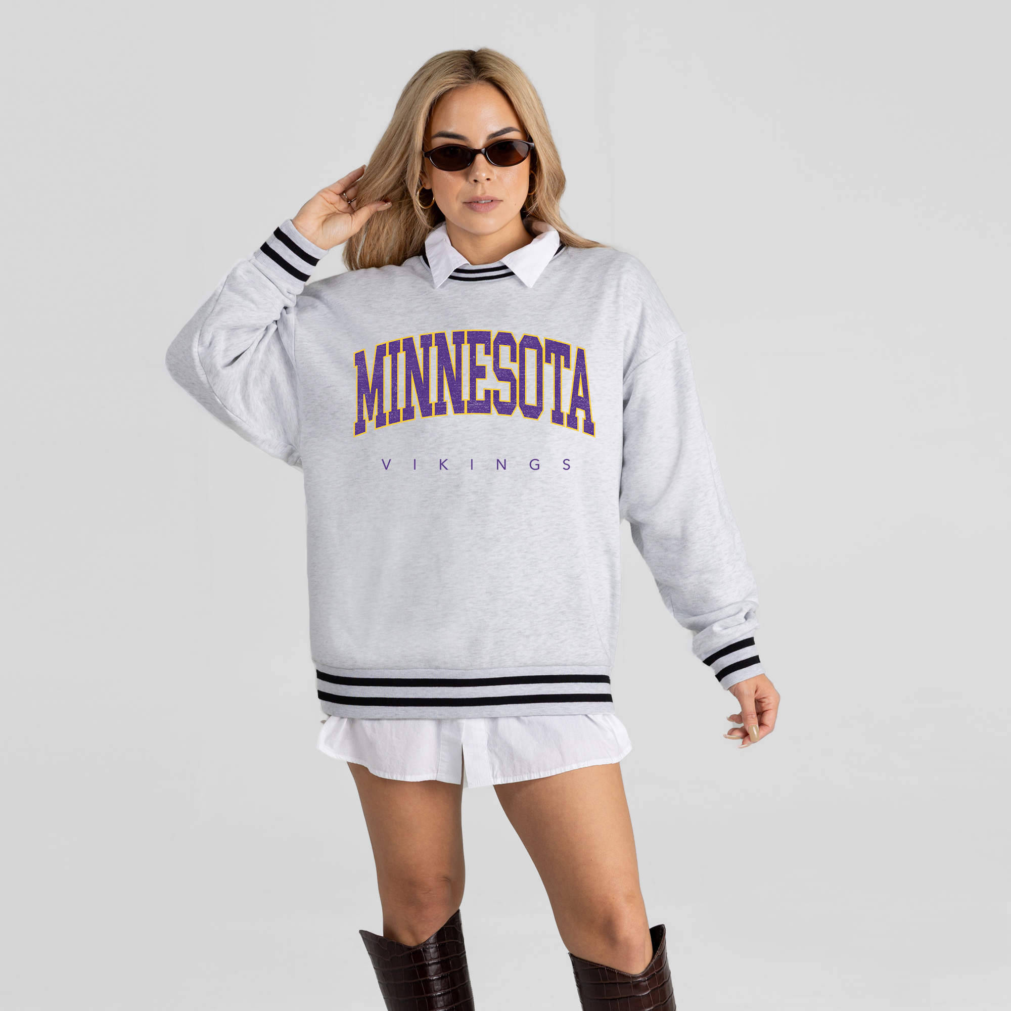 Women’s Gameday Couture Ash Minnesota Vikings Oversized Easy Energy Ringer Stripe Sweatshirt