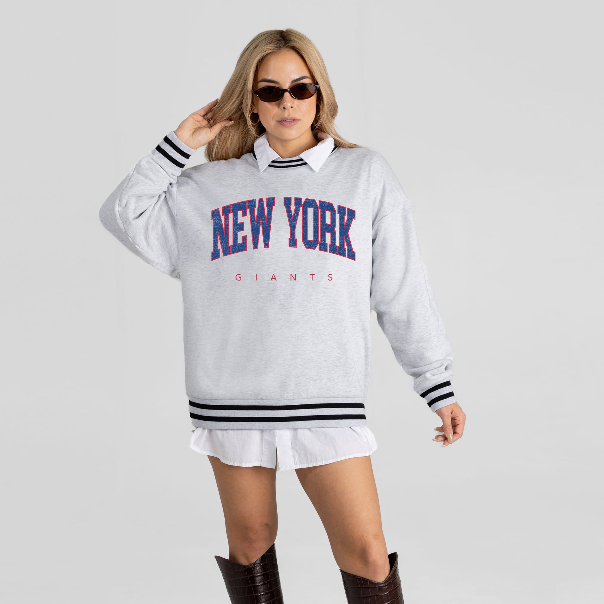 Women’s Gameday Couture Ash New York Giants Oversized Easy Energy Ringer Stripe Sweatshirt