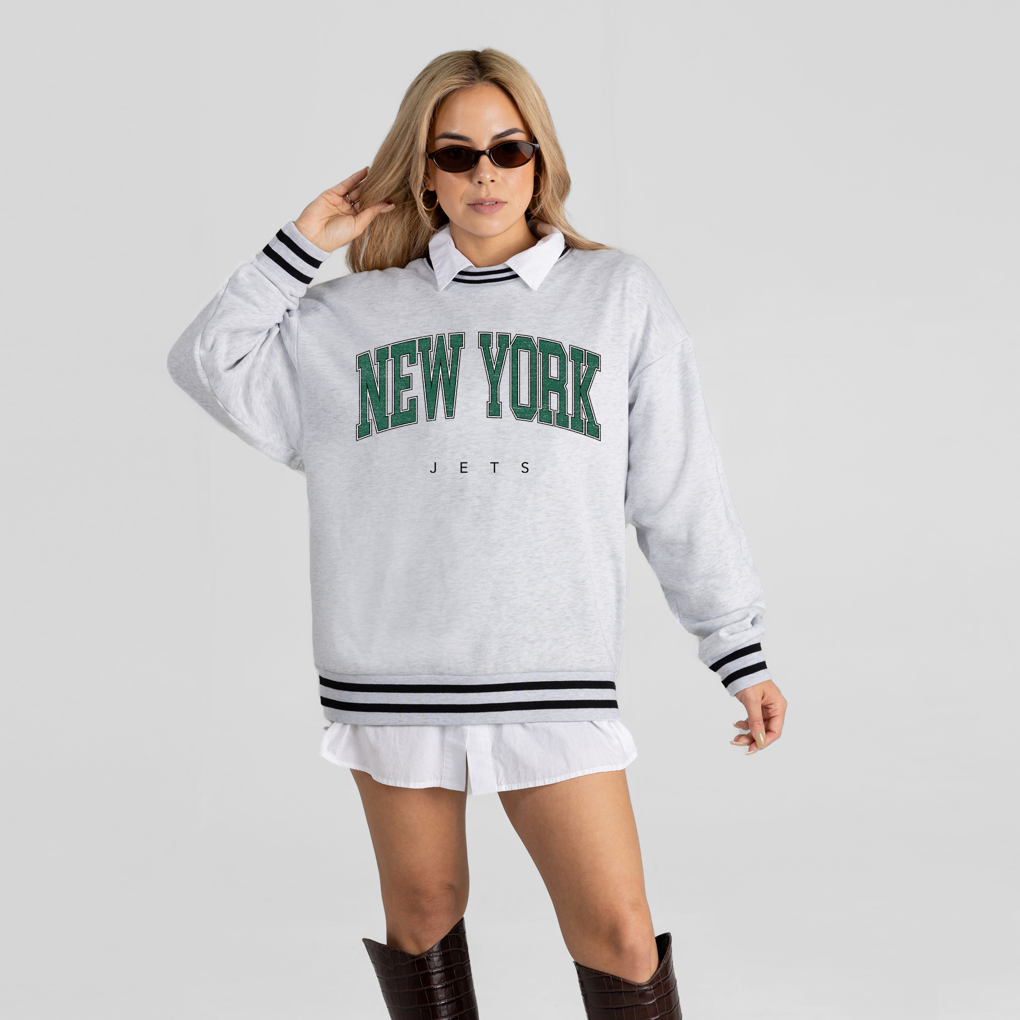 Women's Gameday Couture Ash New York Jets Oversized Easy Energy Ringer Stripe Sweatshirt