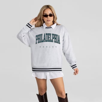 Women's Gameday Couture Ash Philadelphia Eagles Oversized Easy Energy Ringer Stripe Sweatshirt