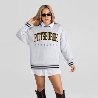 Women's Gameday Couture Ash Pittsburgh Steelers Oversized Easy Energy Ringer Stripe Sweatshirt