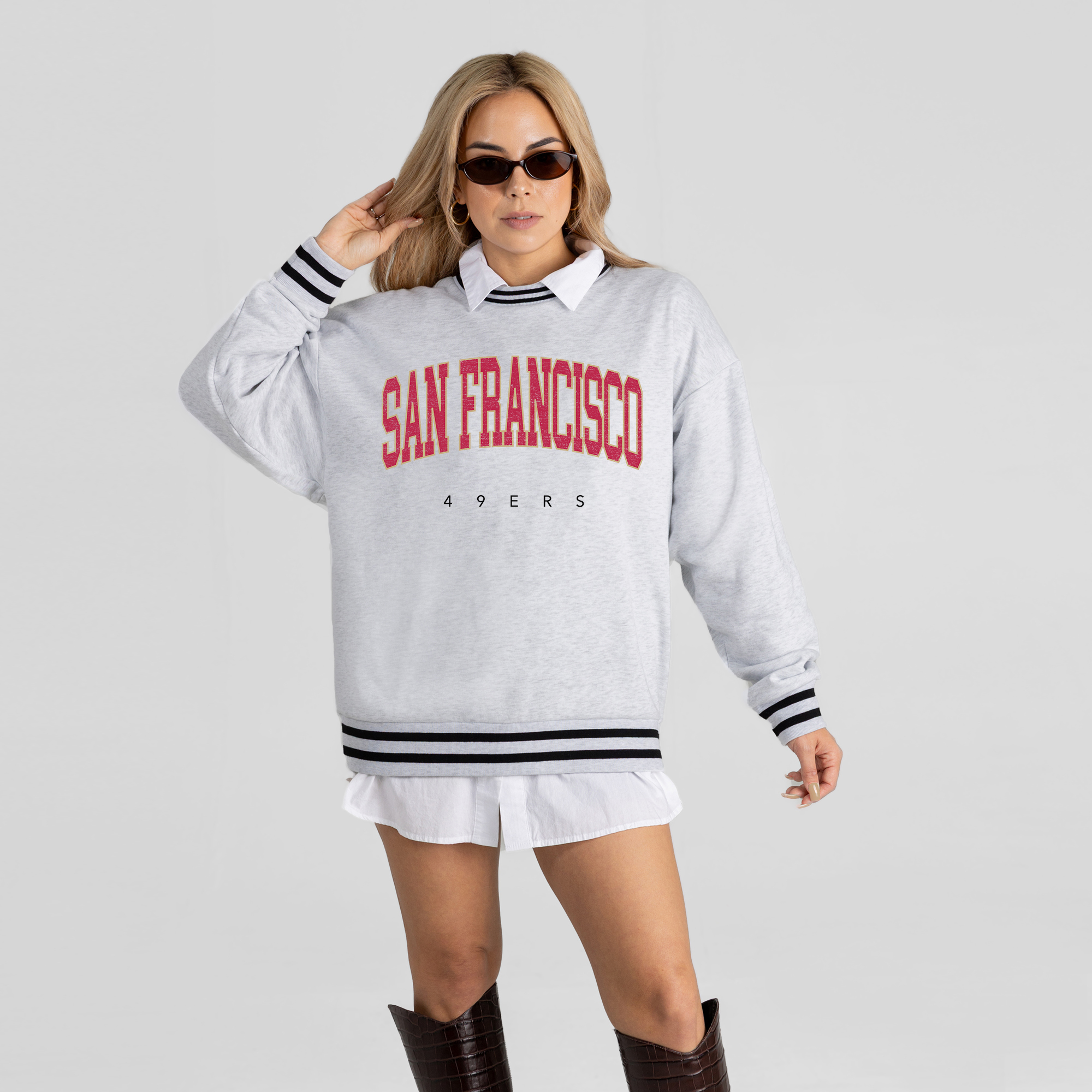 Gameday Couture Women's Ash San Francisco 49ers Oversized Easy Energy Ringer Stripe Sweatshirt - Ash