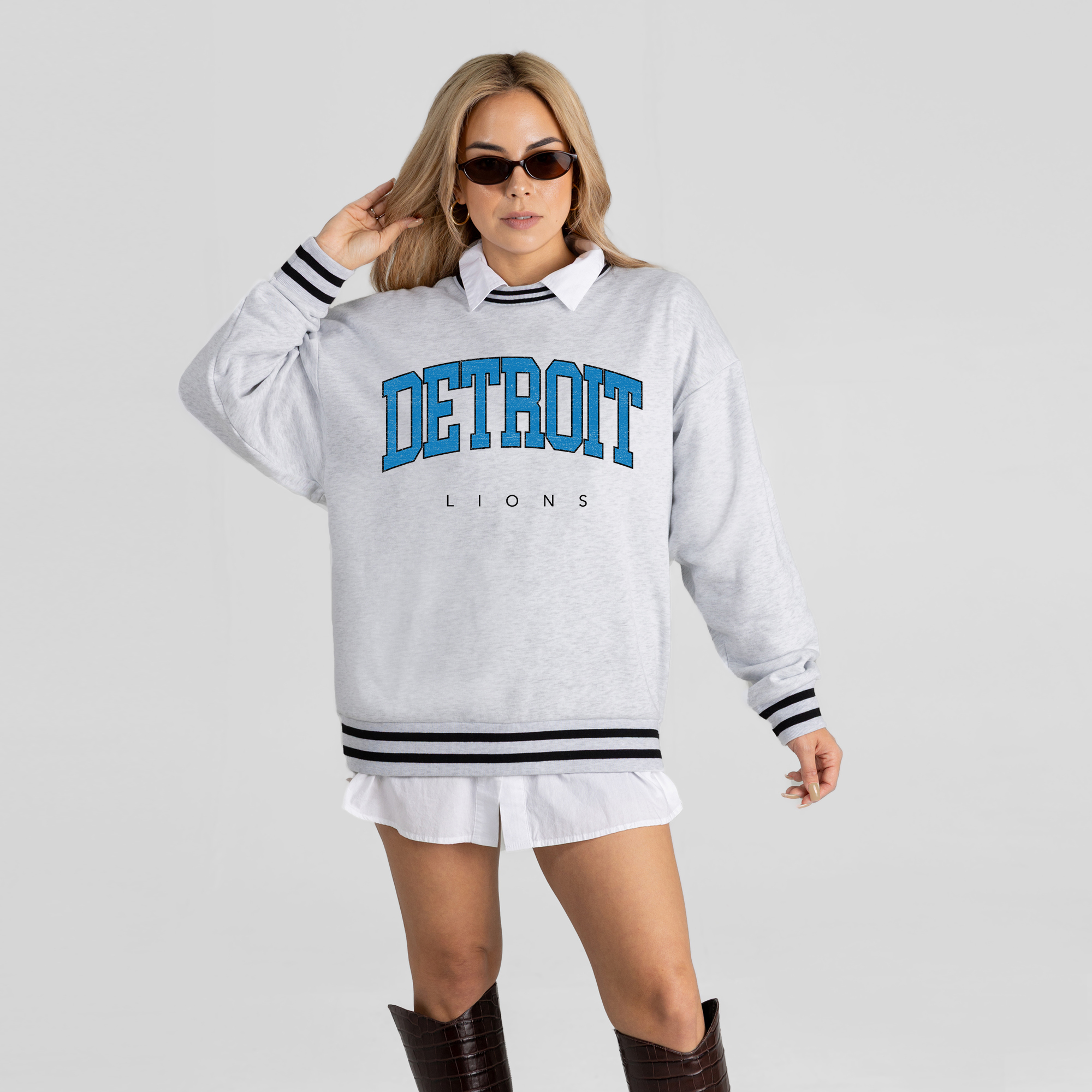 Women's Gameday Couture Ash Detroit Lions Oversized Easy Energy Ringer Stripe Sweatshirt