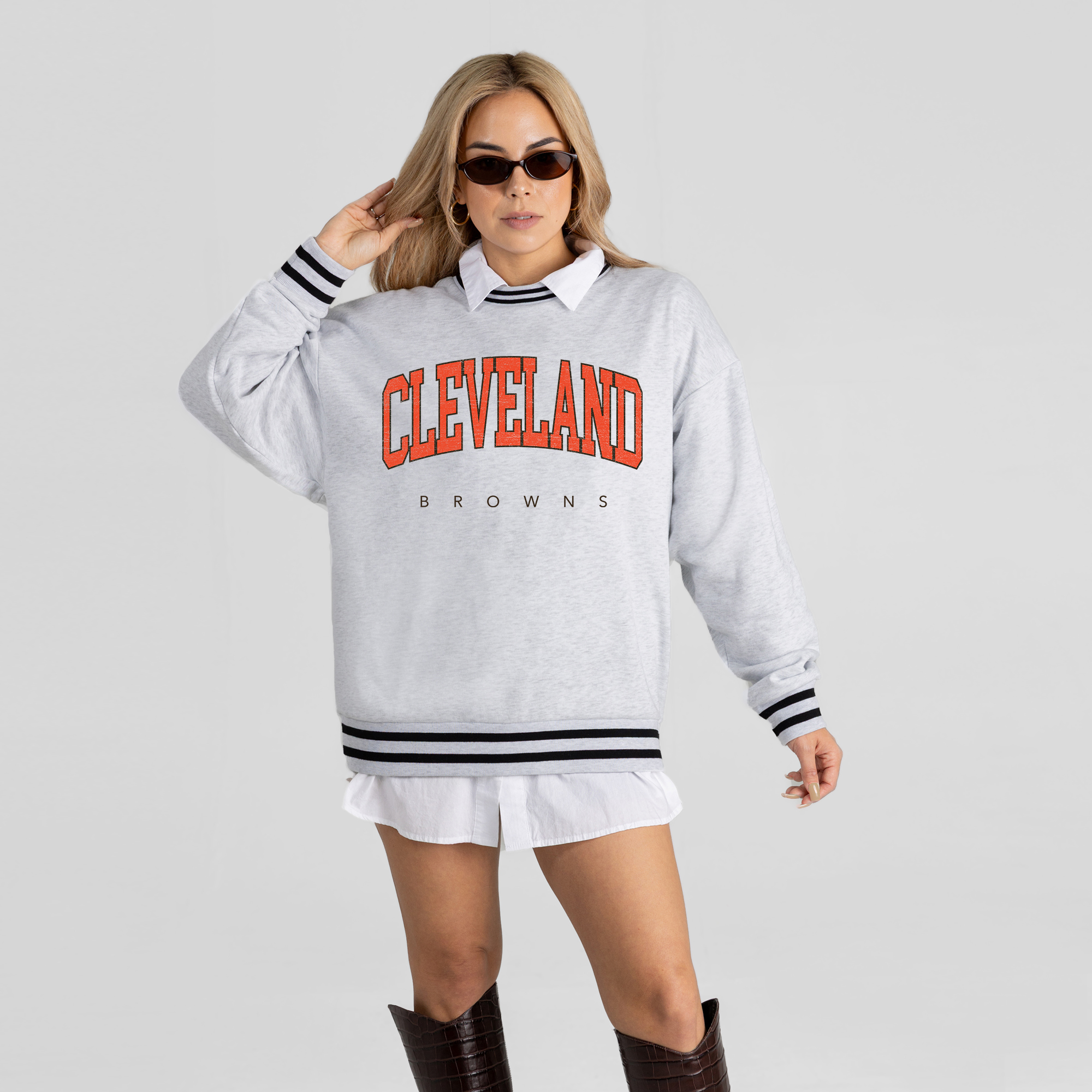 Women's Gameday Couture Ash Cleveland Browns Oversized Easy Energy Ringer Stripe Sweatshirt