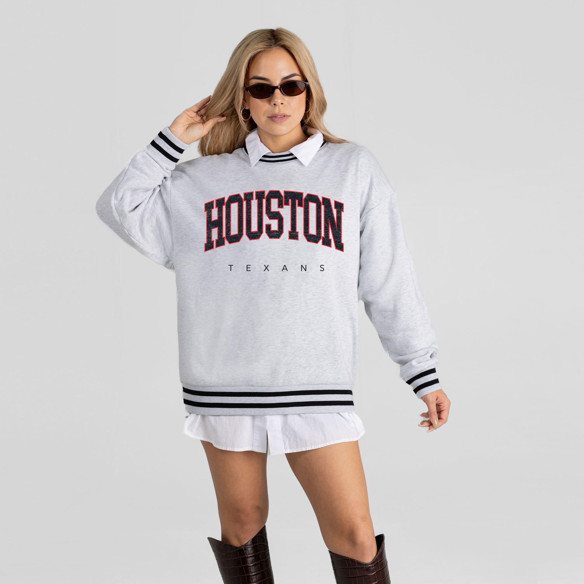 Gameday Couture Women's Ash Houston Texans Oversized Easy Energy Ringer Stripe Sweatshirt - Ash