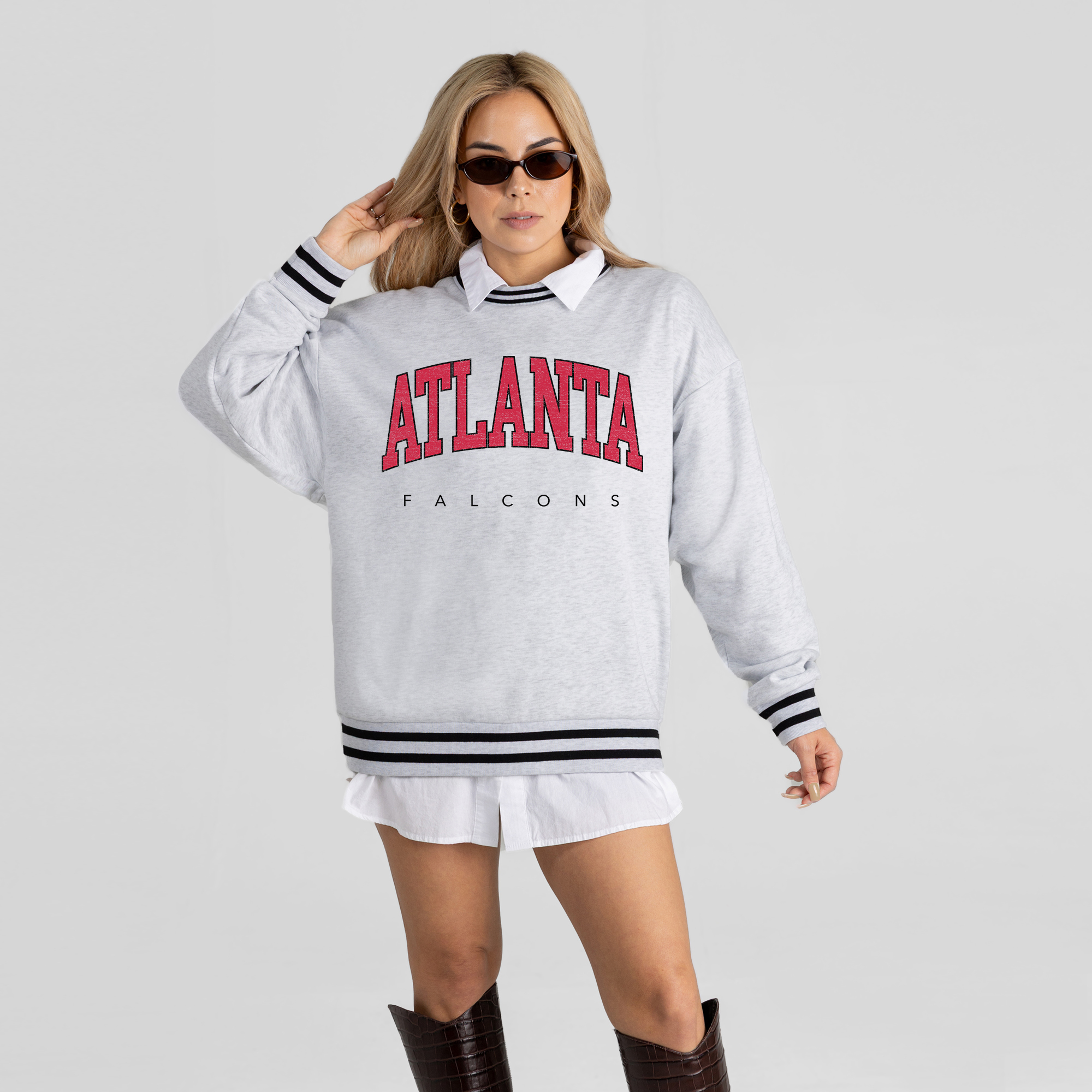 Women's Gameday Couture Ash Atlanta Falcons Oversized Easy Energy Ringer Stripe Sweatshirt