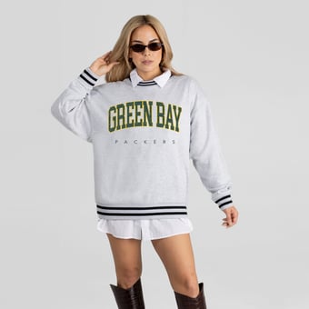 Women's Gameday Couture Ash Green Bay Packers Oversized Easy Energy Ringer Stripe Sweatshirt