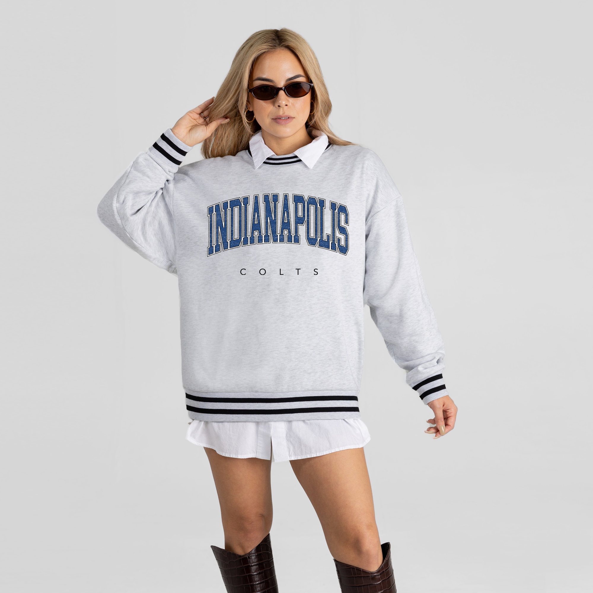 Women's Gameday Couture Ash Indianapolis Colts Oversized Easy Energy Ringer Stripe Sweatshirt
