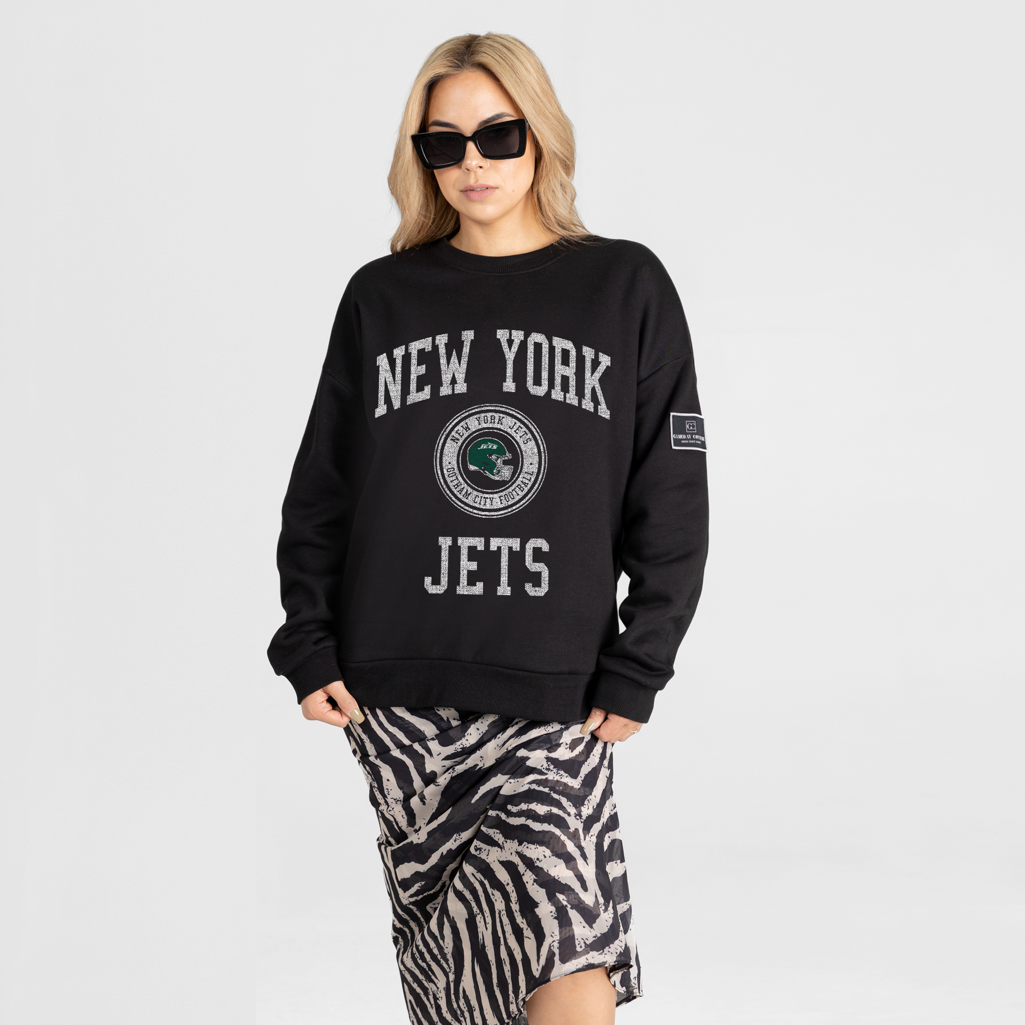 Women's Gameday Couture Black New York Jets Fierce Flow Black Label Premium Drop Shoulder Sweatshirt