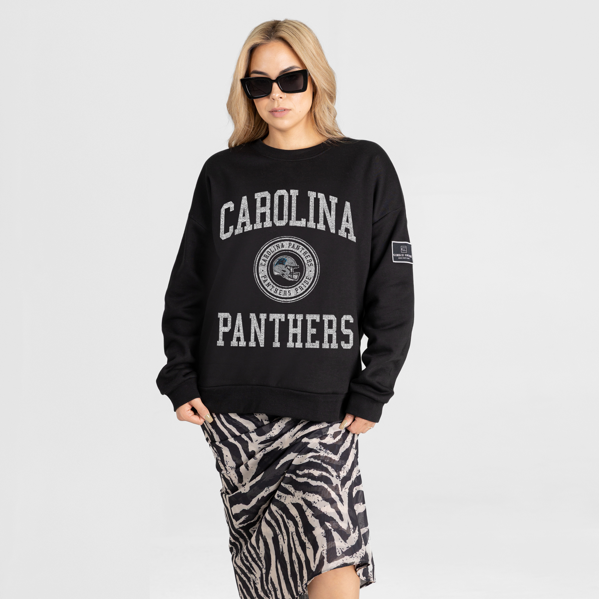 Women's Gameday Couture Black Carolina Panthers Fierce Flow Black Label Premium Drop Shoulder Sweatshirt