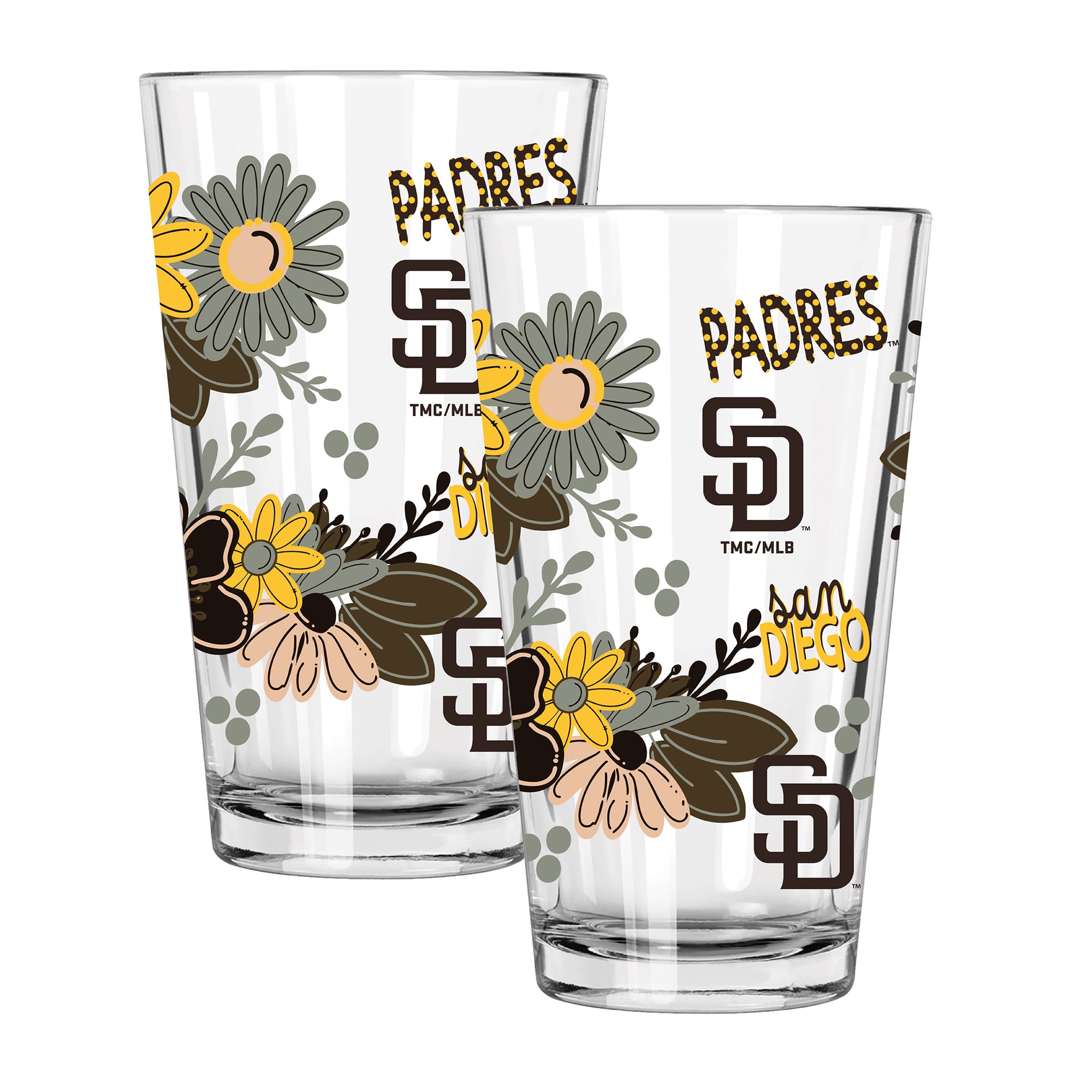 The Memory Company San Diego Padres Flowers 16oz Pint Glass Two-Piece Set