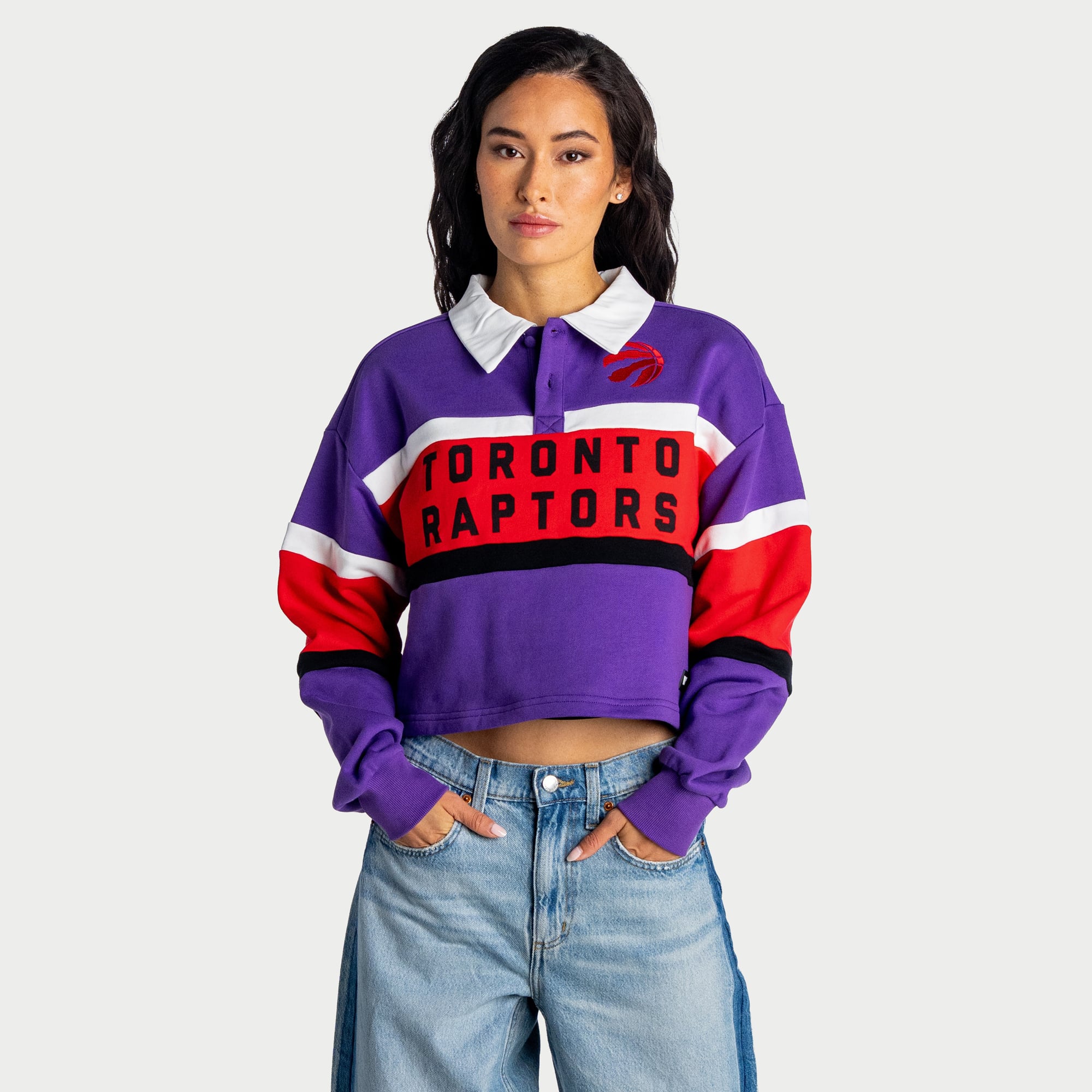 Women's The Wild Collective Purple Toronto Raptors Long Sleeve Collared Cropped Polo