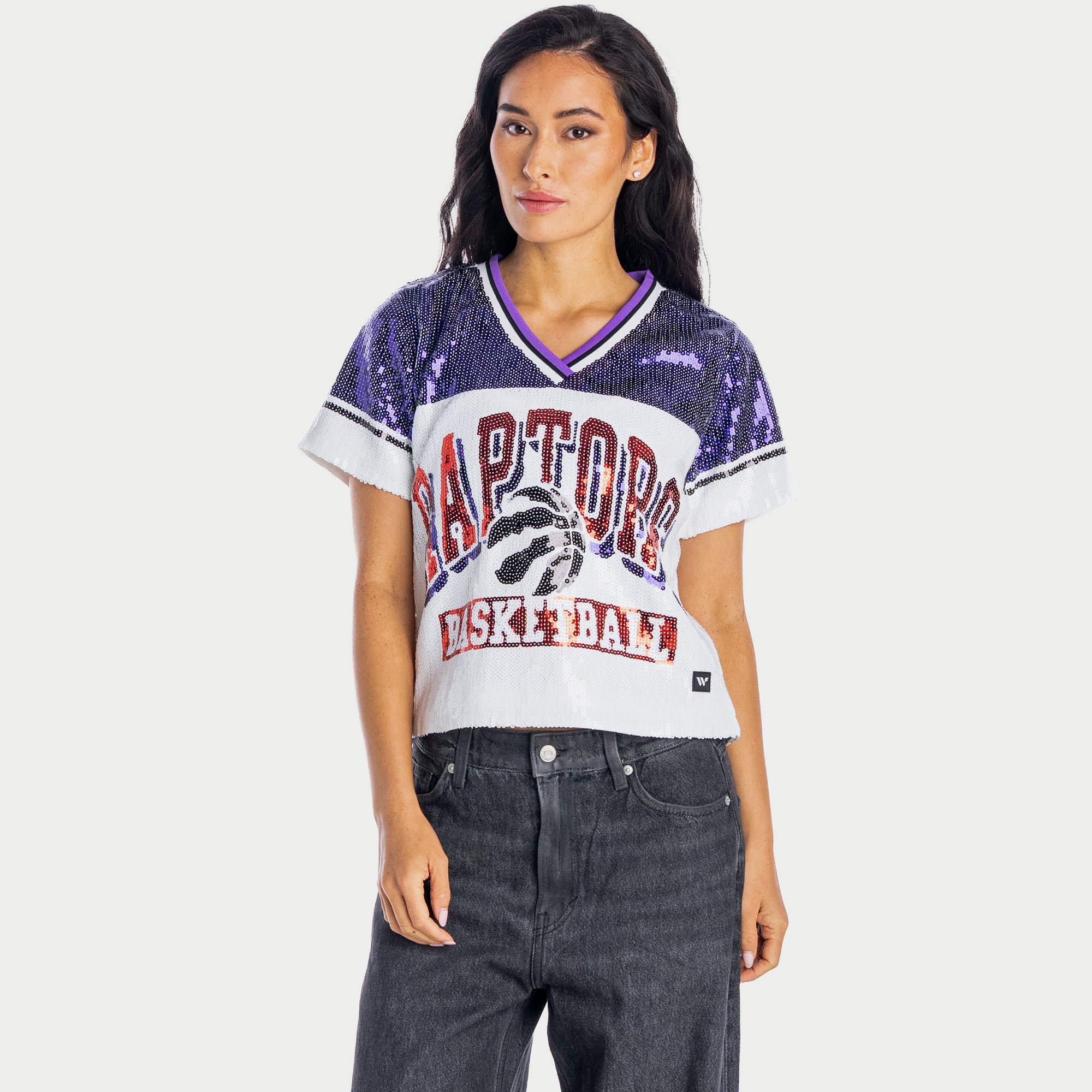 Women's The Wild Collective Purple Toronto Raptors Sequin V-Neck Cropped Top