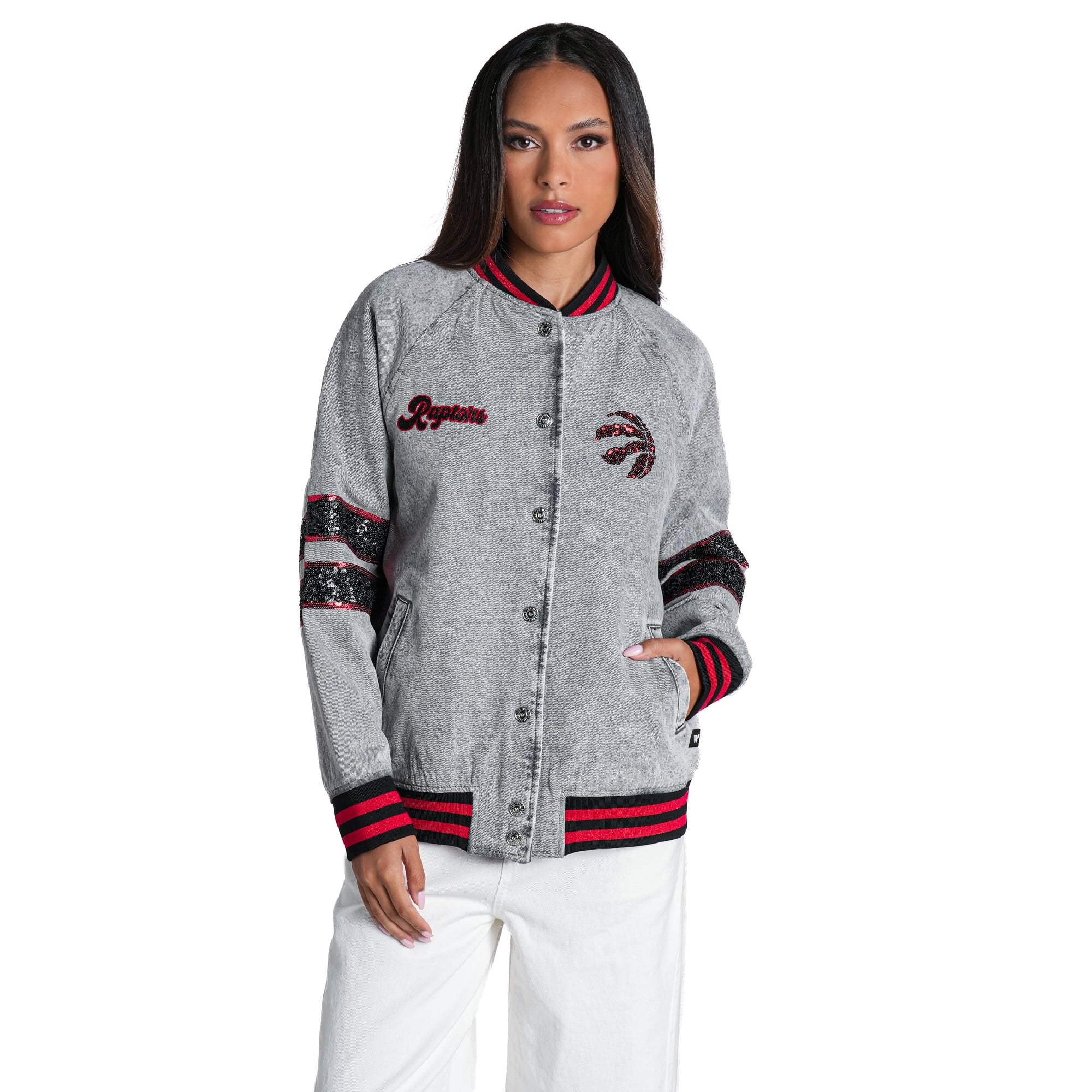 Women's The Wild Collective Heather Gray Toronto Raptors Denim Sequin Bomber Jacket