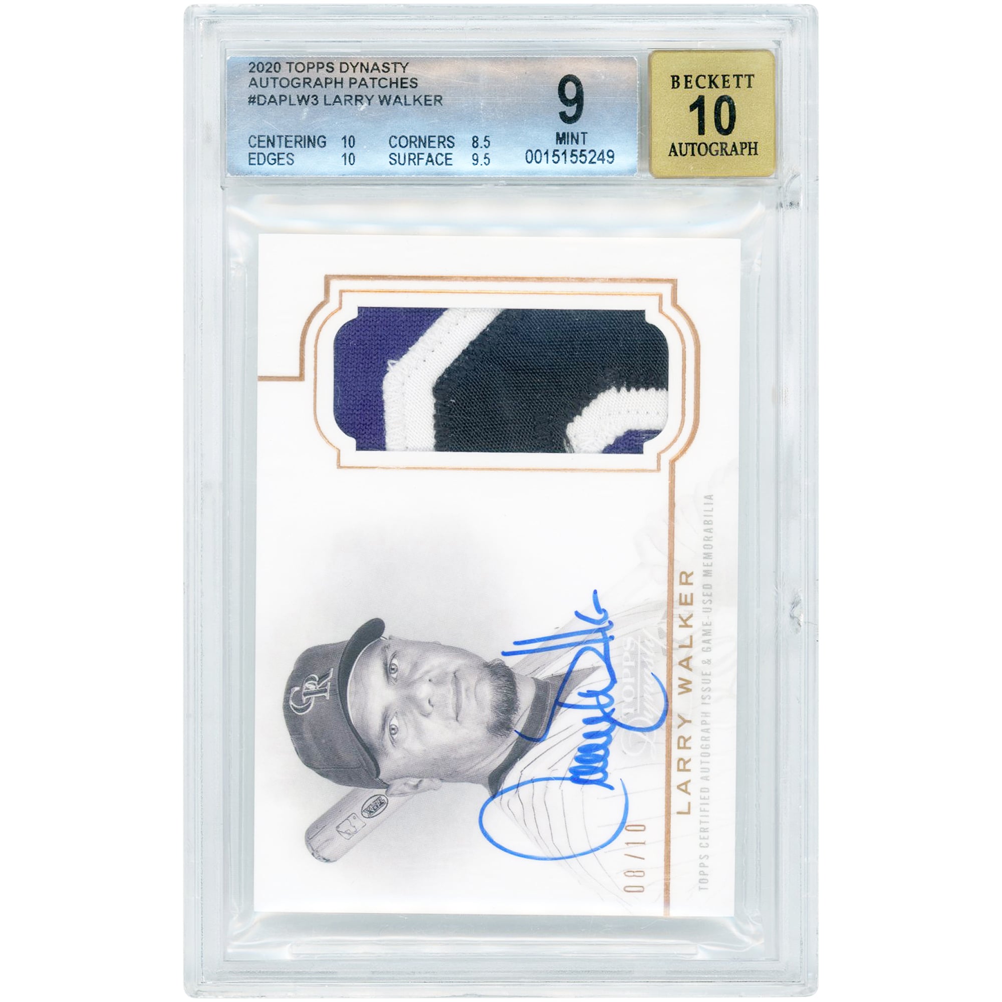 Larry Walker Colorado Rockies Autographed 2020 Topps Dynasty Tri-Color Game-Used Relic #DAP-LW3 #8/10 BGS Authenticated 9/10 Card - 10,8.5,10,9.5 Subgrades. rookie card picture