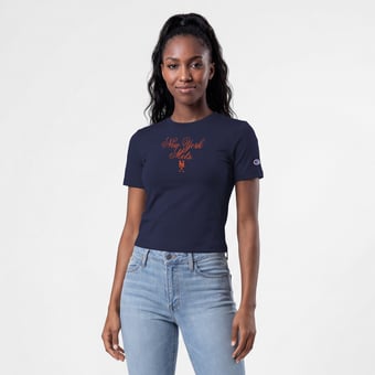 Women's Champion Navy New York Mets Soft-Touch Fitted Cropped T-Shirt
