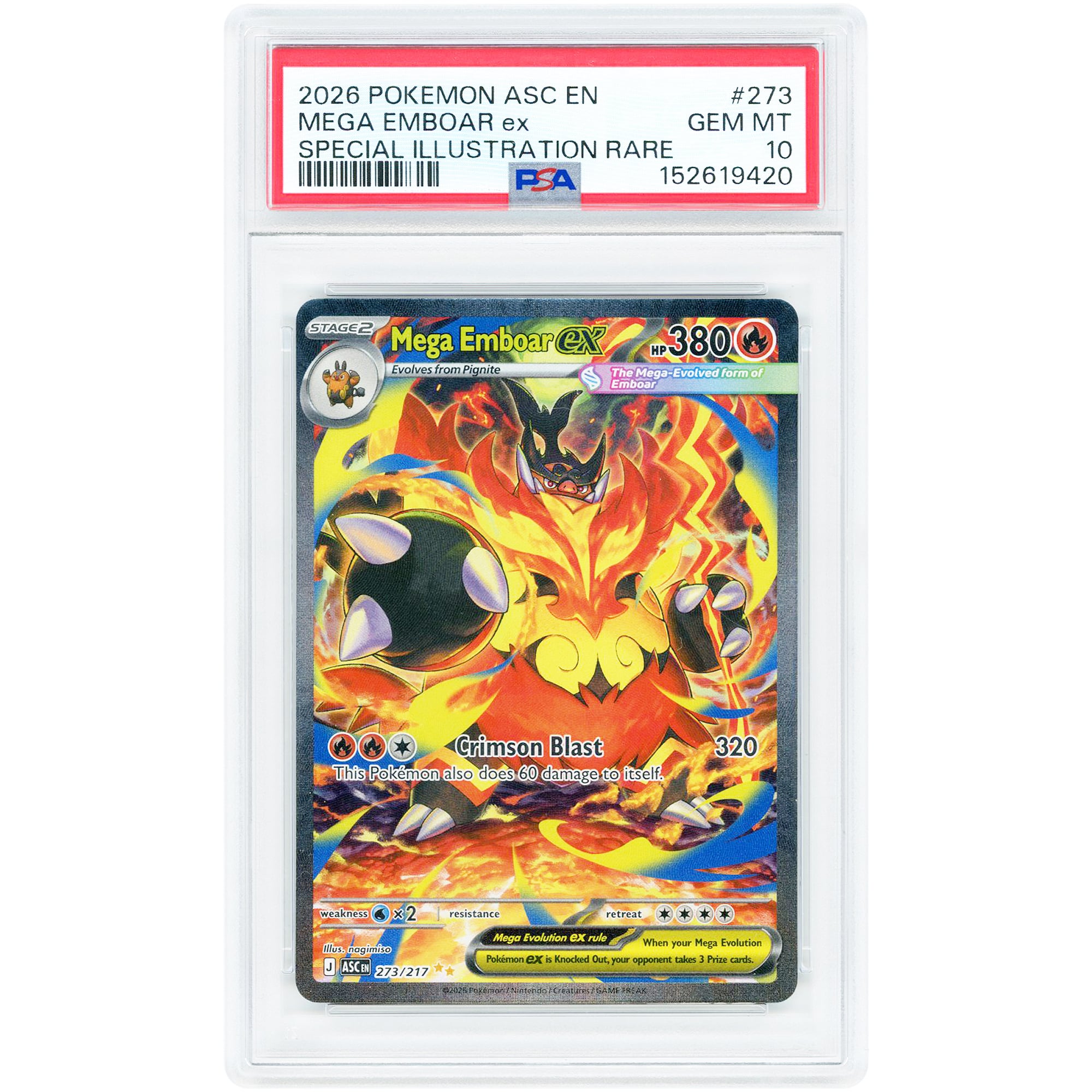 Mega Emboar EX 2026 Pokemon Ascended Heroes Special Illustration Rare #273 PSA Authenticated 10 Card