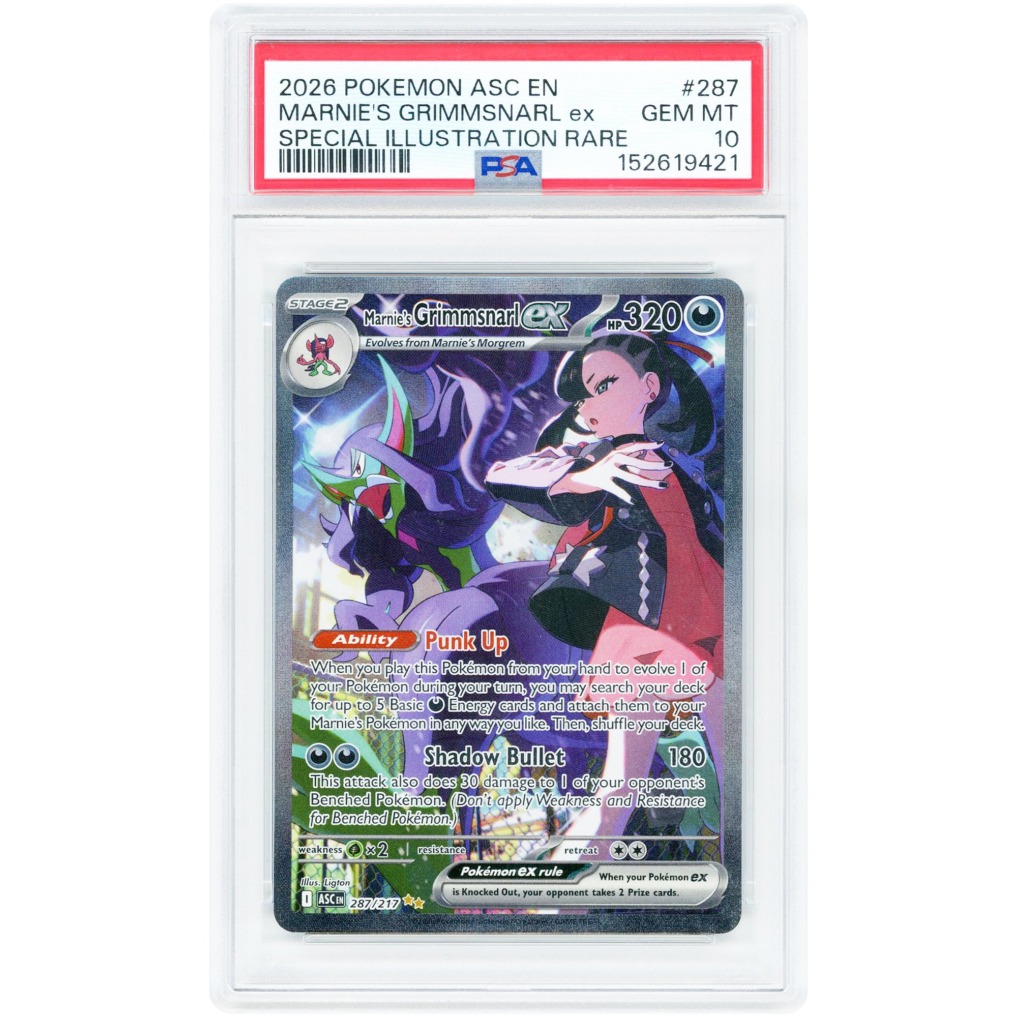 Marnie's Grimmsnarl EX 2026 Pokemon Ascended Heroes Special Illustration Rare #287 PSA Authenticated 10 Card