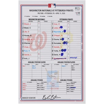 Washington Nationals Game-Used Lineup Card vs. Pittsburgh Pirates on April 15, 2026