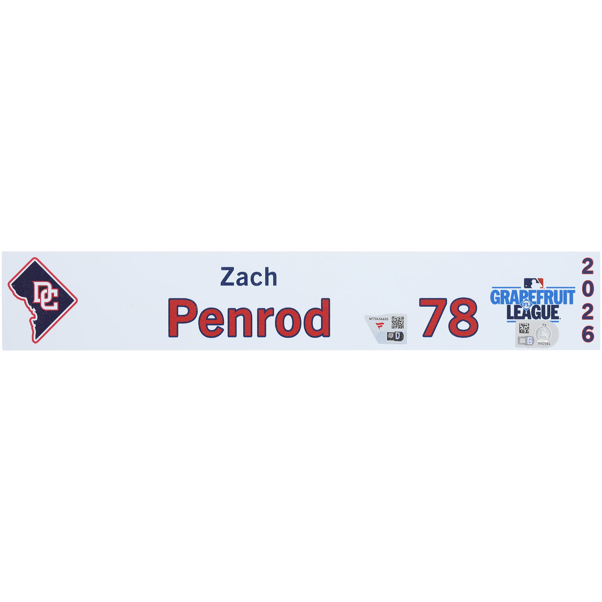 Zach Penrod Washington Nationals Player-Issued #78 Nameplate from 2026 MLB Spring Training