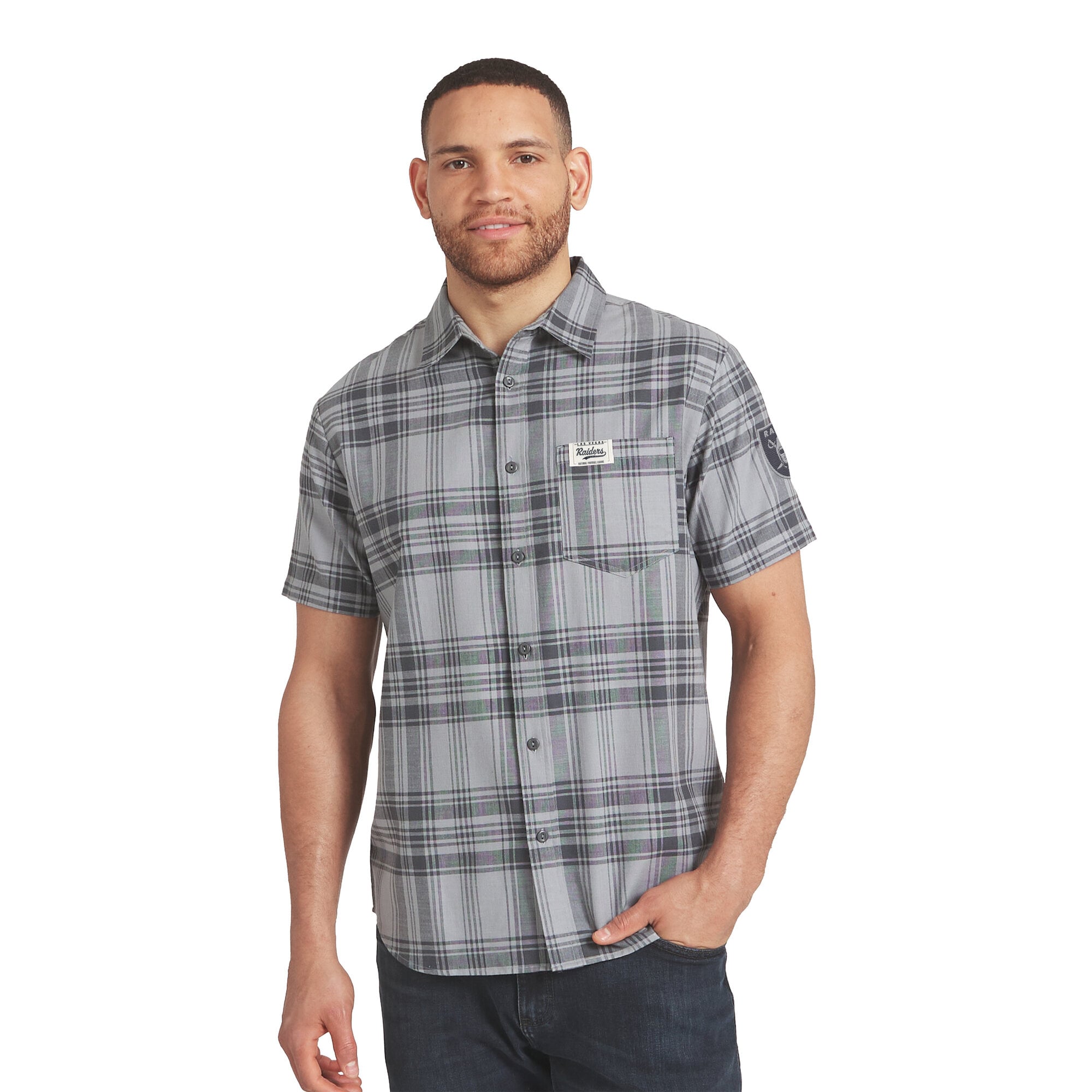 Men’s Darius Rucker Collection by Fanatics Gray Las Vegas Raiders Woven Short Sleeve Button-Up Shirt
