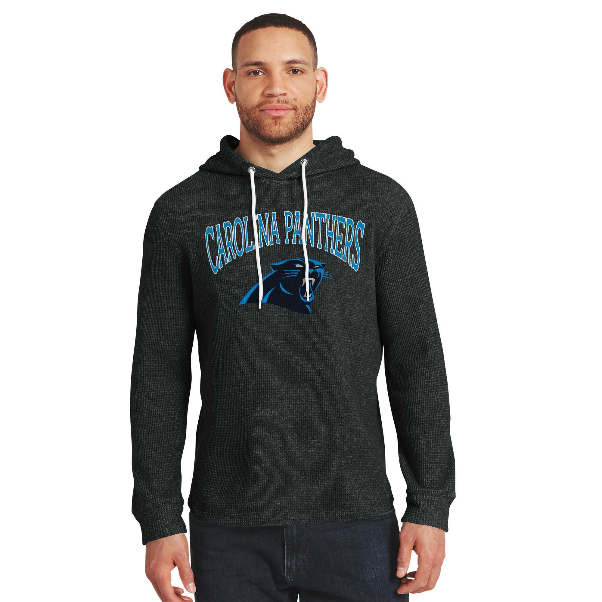 Men's Darius Rucker Collection by Fanatics Black Carolina Panthers Waffle Knit Hooded Tri-Blend Long Sleeve T-Shirt